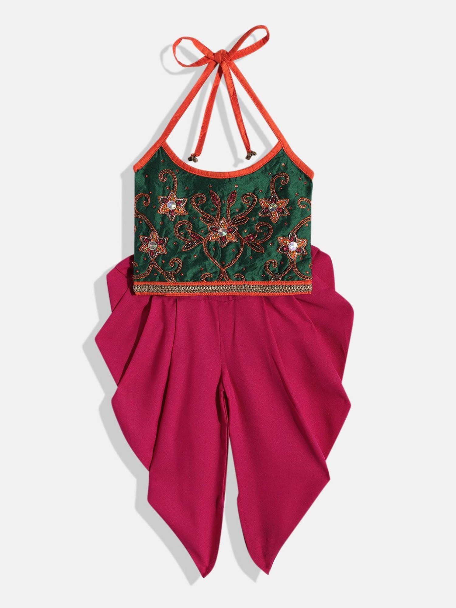 TWISHA Kids Green & Pink Embellished Top with Dhoti