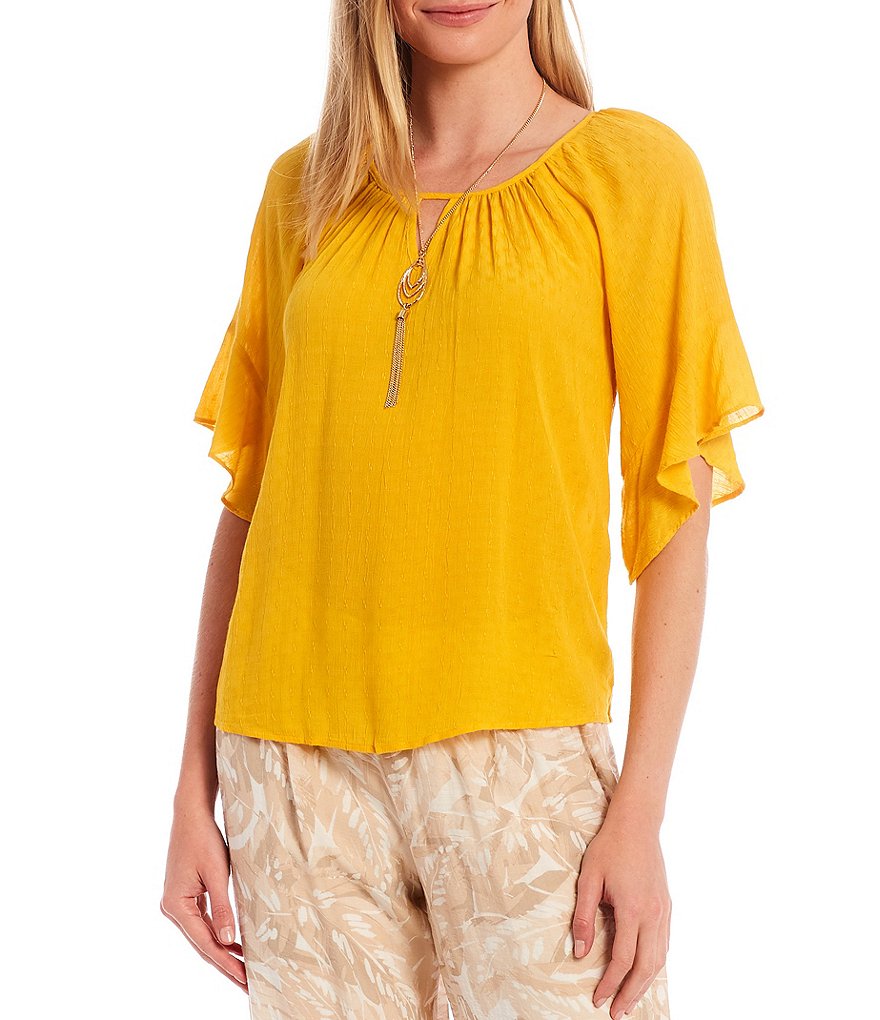 I.N. Studio Petite Size Keyhole Neck 3/4 Raglan Bell Sleeve Necklace Top