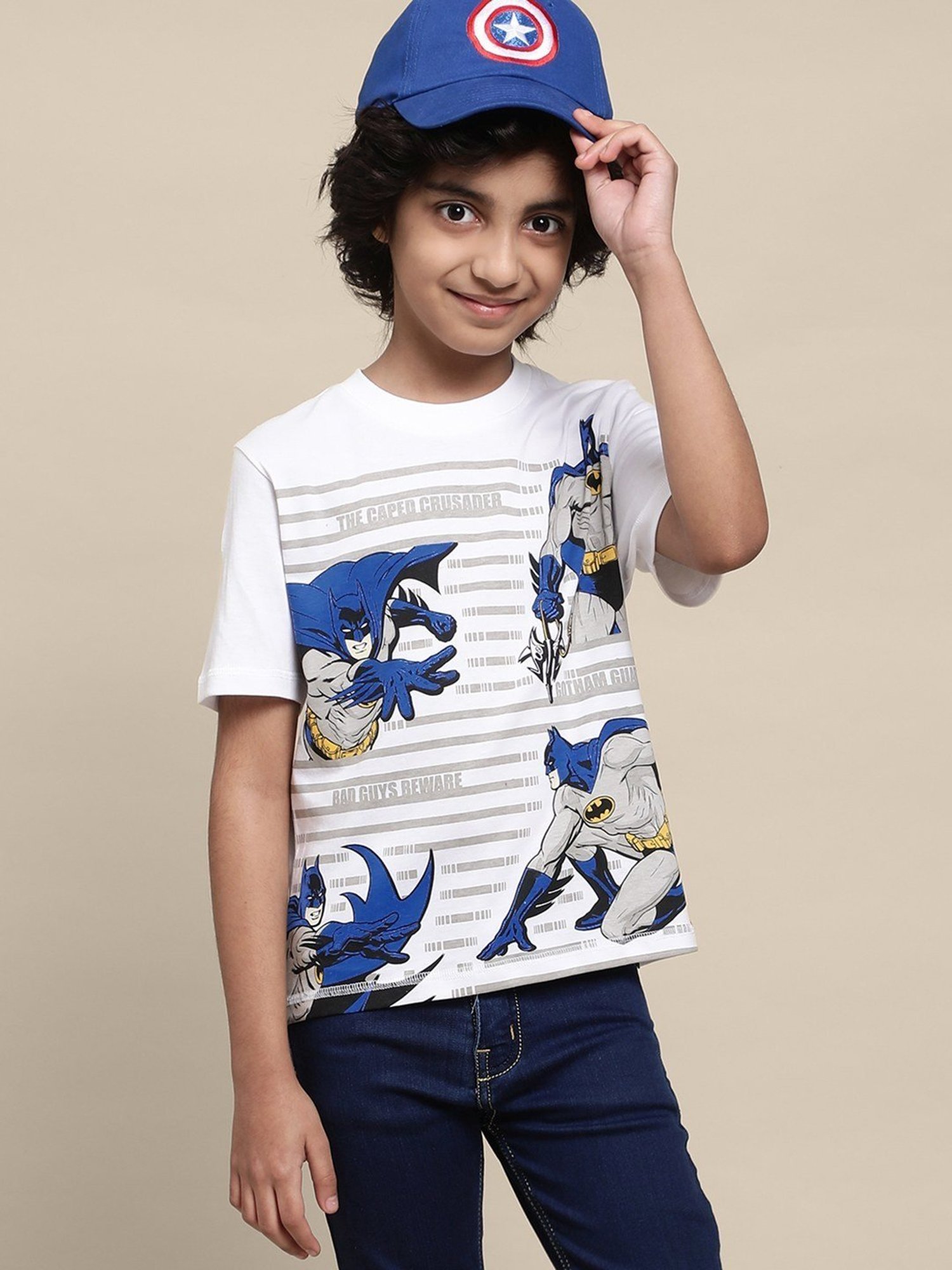 Boysville White & Blue Cotton Printed Batman T-Shirt