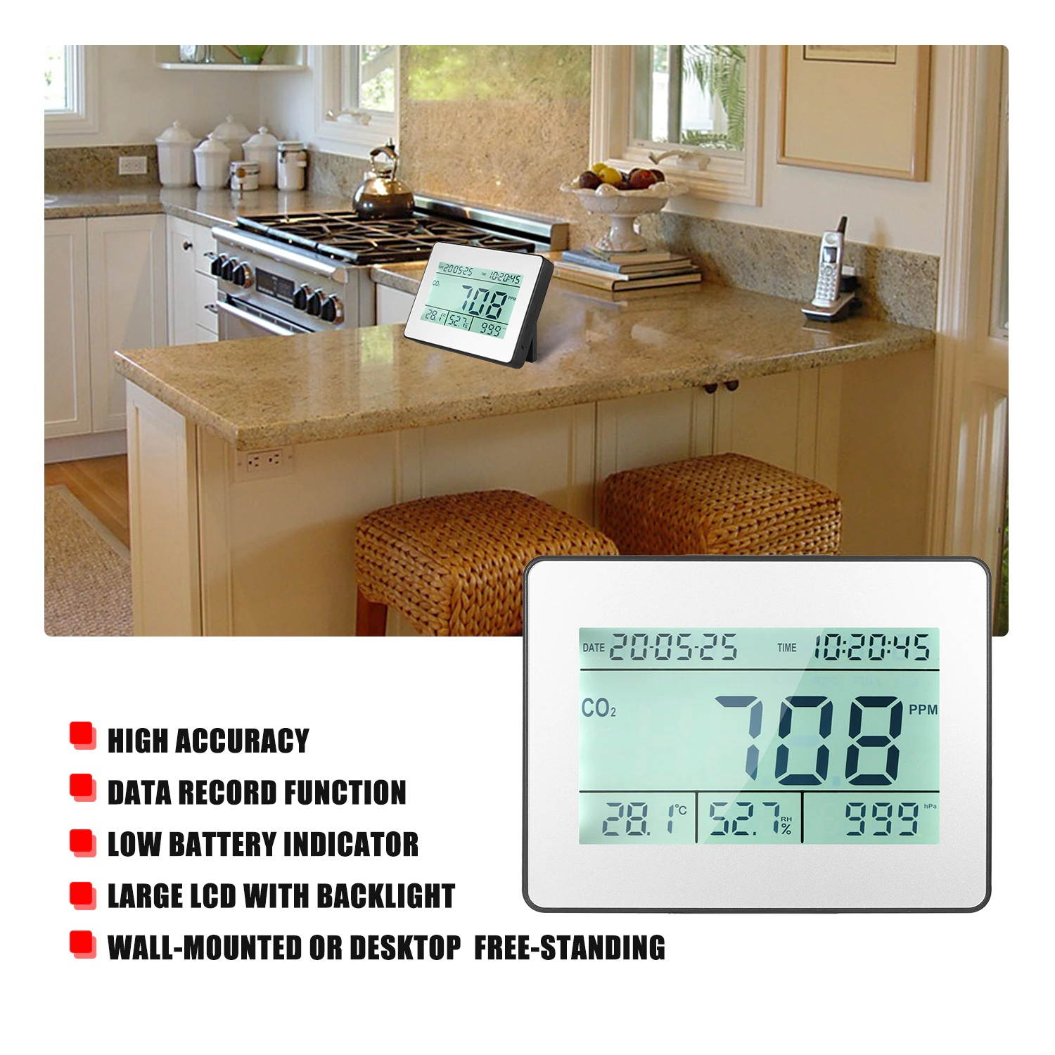 Carbon Dioxide Detector Air Quality Monitor with Data Logging Clock Function 5.5-inch Large  Wall Mountable CO2 Detector