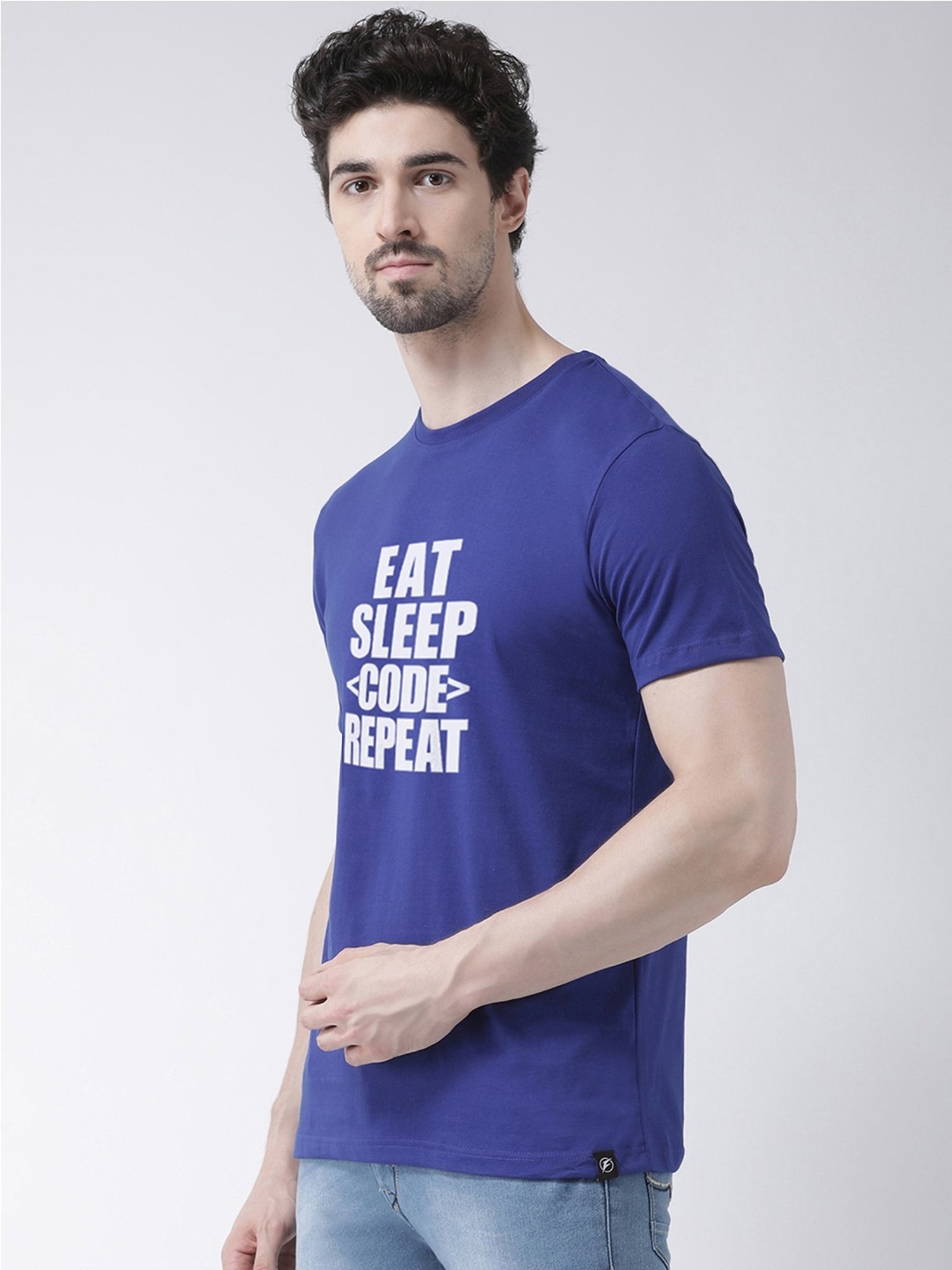 Friskers Blue Cotton Slim Fit Printed T-Shirt