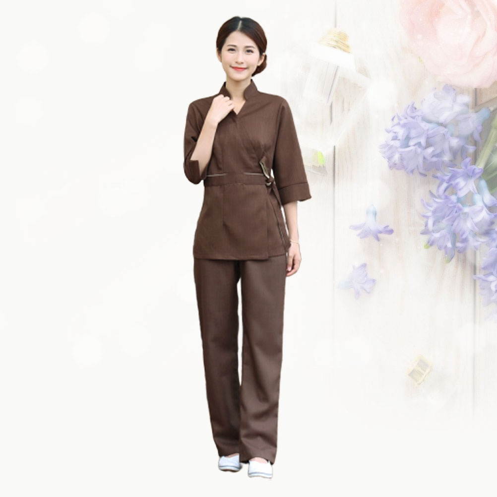 1 Set/2pcs Unique Design Beautician Uniform Hospital Apparel Clothes Labour Suit Two-pieces Fashion Costume for Woman (Coffee, Size M)