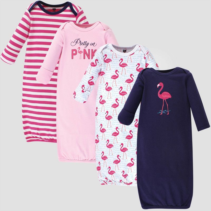 Hudson Baby Girls' 4pk Organic Cotton Bright Flamingo Nightgown - Pink/Blue 0-6M