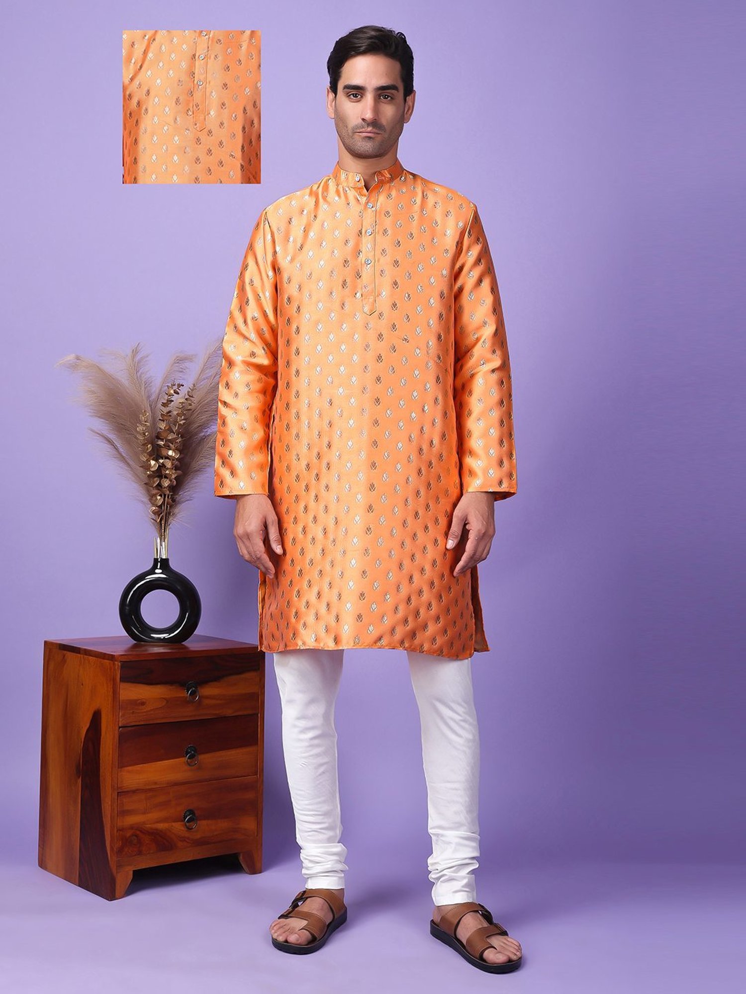 Hangup Orange & White Regular Fit Embellished Kurta Bottom Set