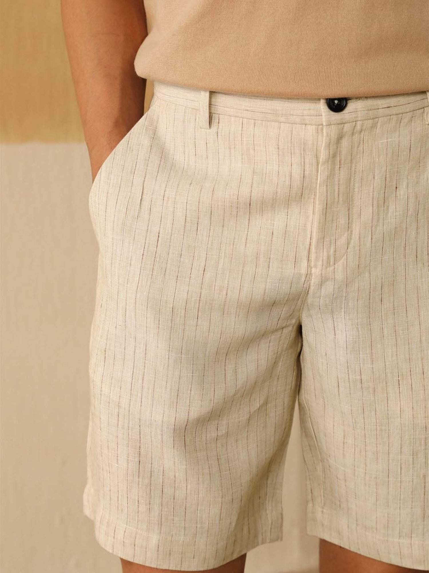 Andamen Beige Linen Regular Fit Striped Shorts