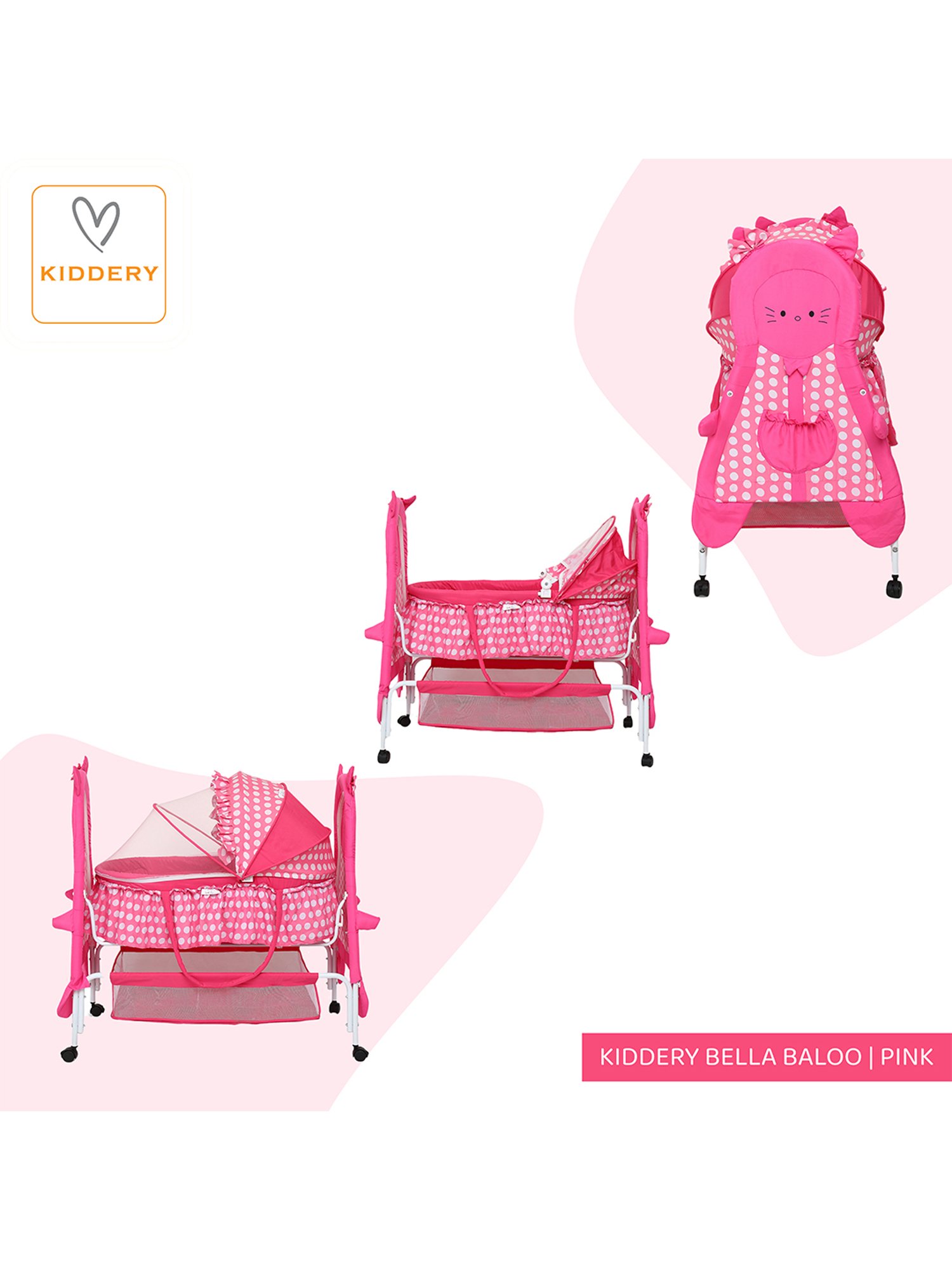 Kiddery Pink Baby Bassinet with Mosquito Protection Net (Age 0-8 Months)