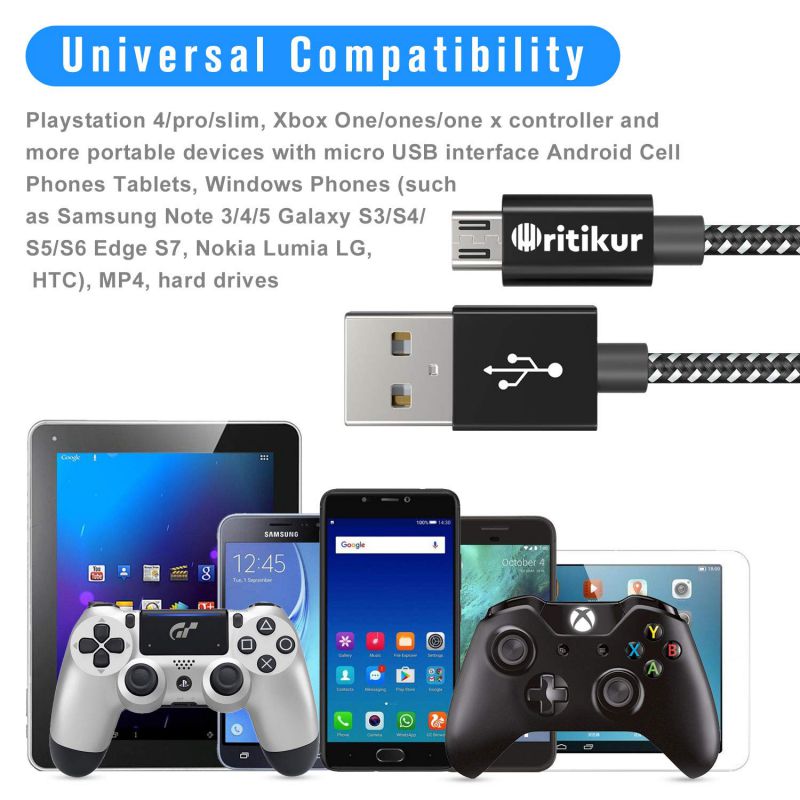 PS4 Controller Charger Charging Cable &ndash; 2 Pack 10FT Nylon Braided Micro USB 2.0 High Speed Data Sync Cord for Playstation 4, PS4 Slim/Pro, Xbox One S/X Controller, Android Phones (2 Pack)