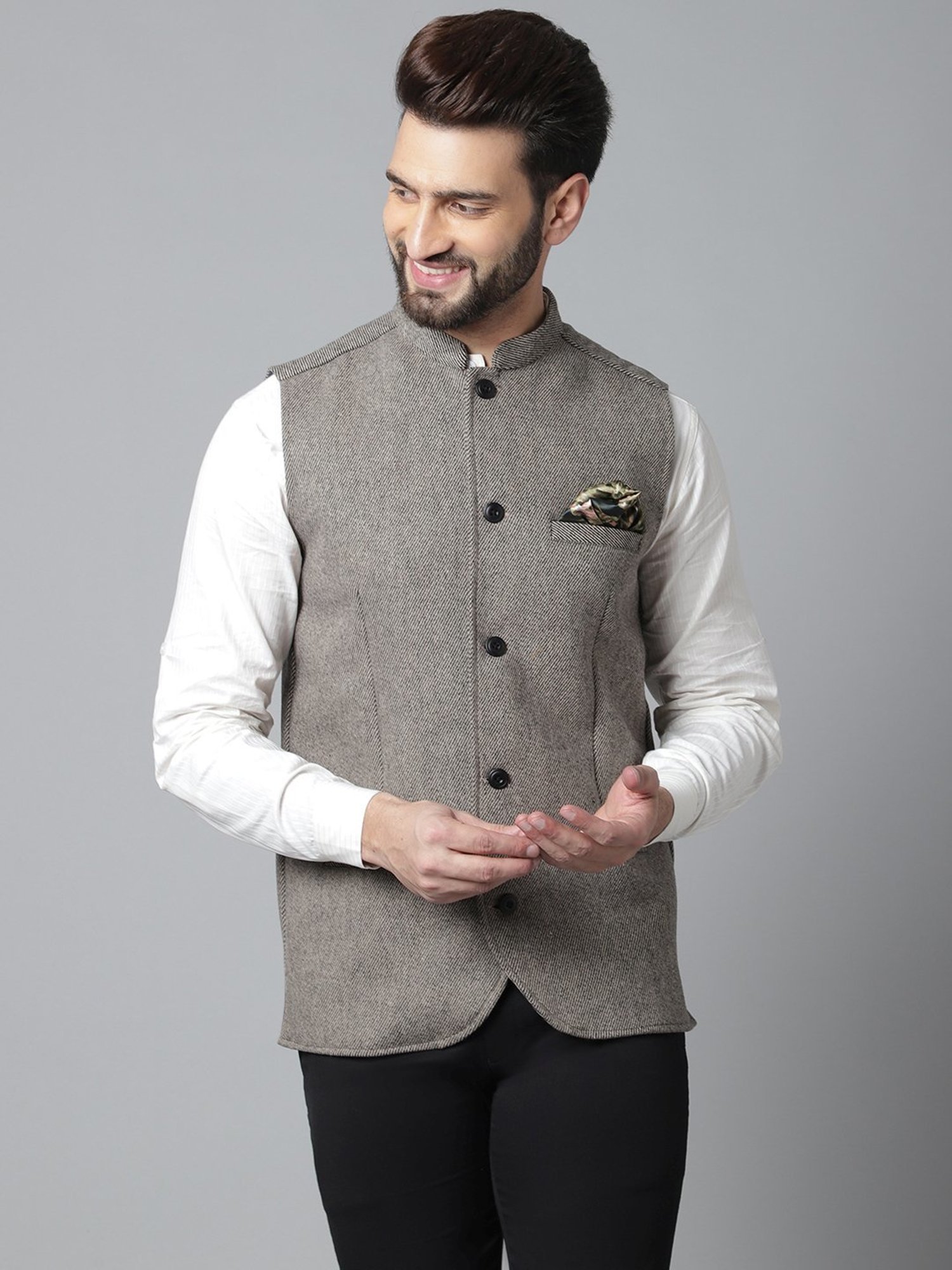 Even Cream Regular Fit Texture Nehru Jacket