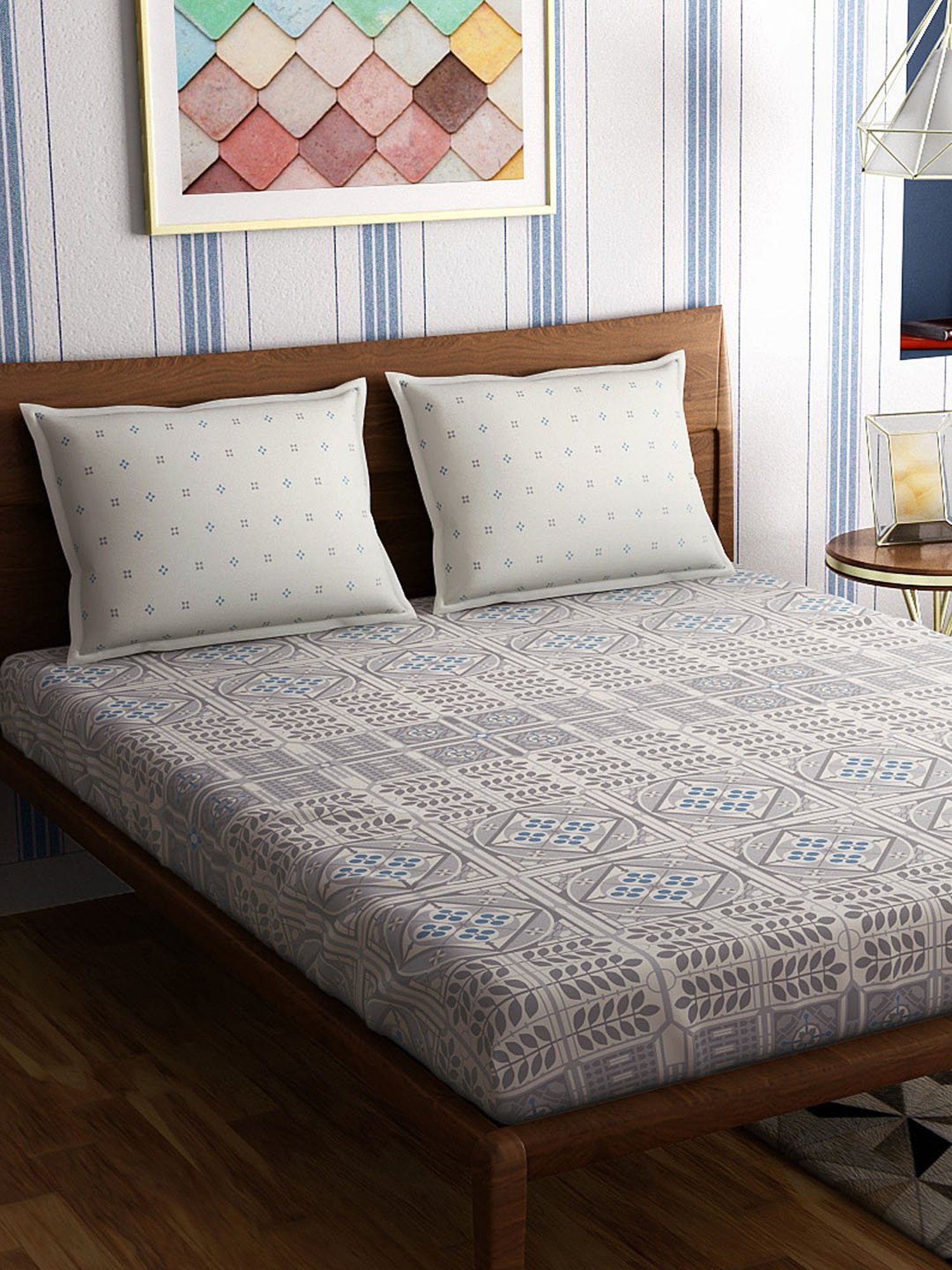 Petal Home Strasbourg Abstract Grey 300 TC Cotton Queen Size Bed Sheet with 2 Pillow Covers