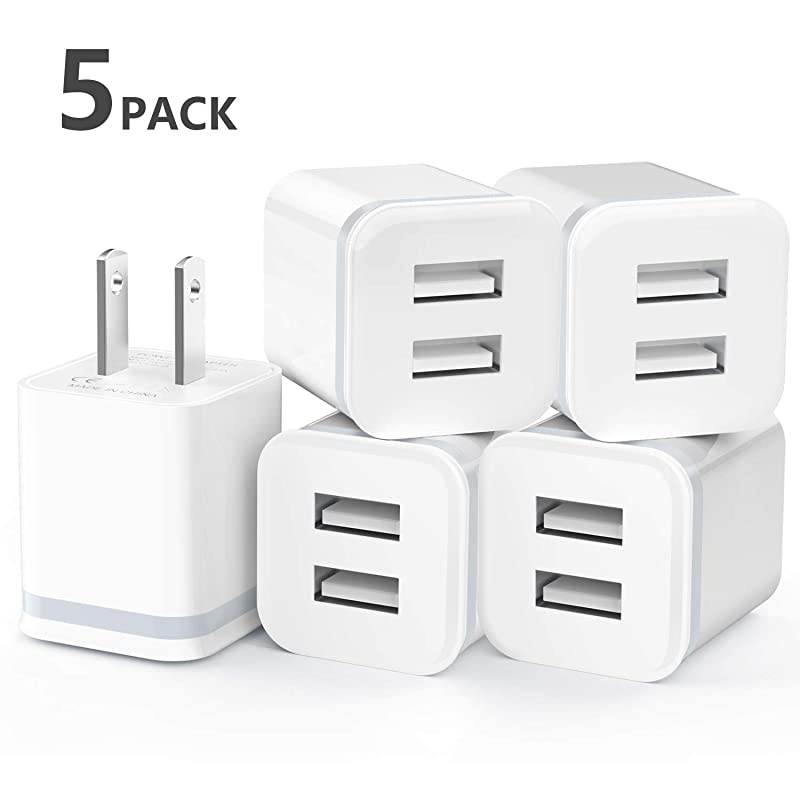 USB Wall Charger, 5-Pack 2.1A/5V Dual Port USB Cube Power Adapter Charger Plug Charging Block Replacement for iPhone Xs/XR/X, 8/7/6 Plus, Samsung, HTC, LG, Moto, Android Phones