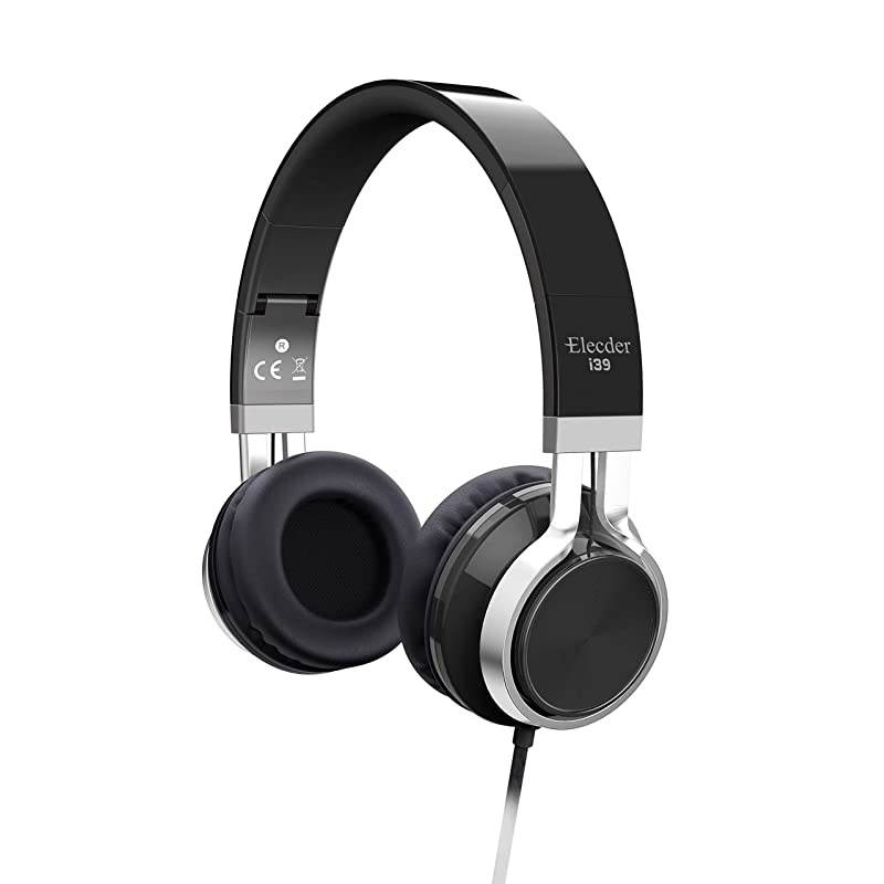 i39 Headphones with Microphone Foldable Lightweight Adjustable On Ear Headsets with 3.5mm Jack for Cellphones Computer MP3/4 Kindle School Dark Black