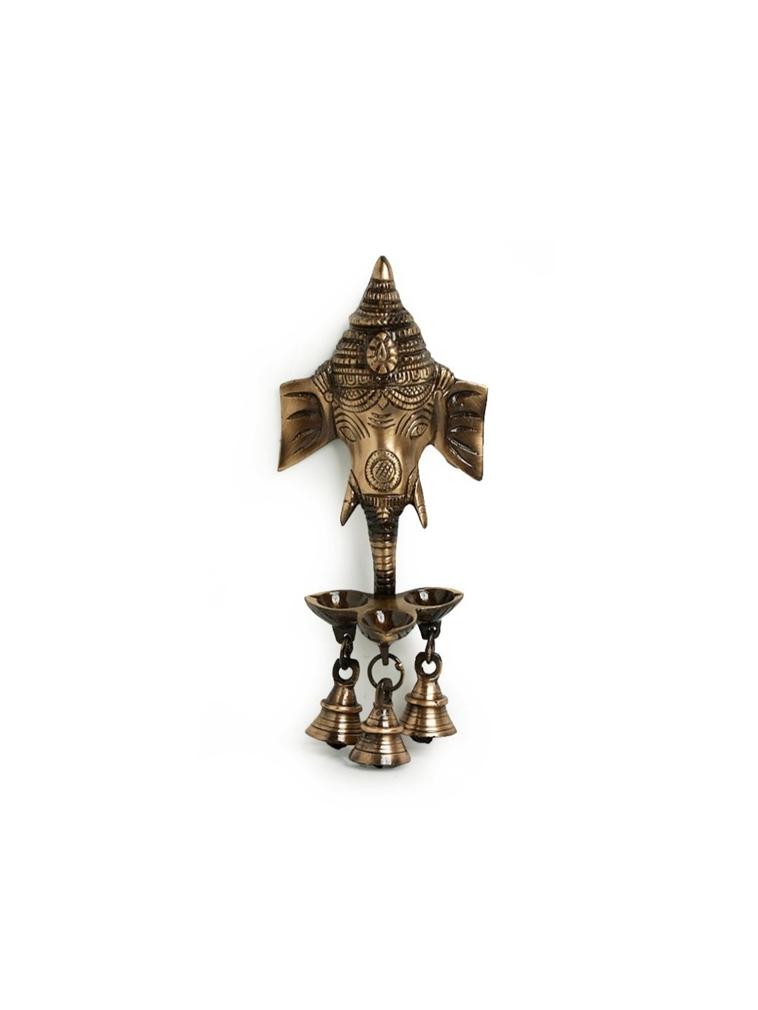 ExclusiveLane Gold Brass Gleeful Ganesha Hand-Etched Decorative Wall Hanging Diyas With Bells