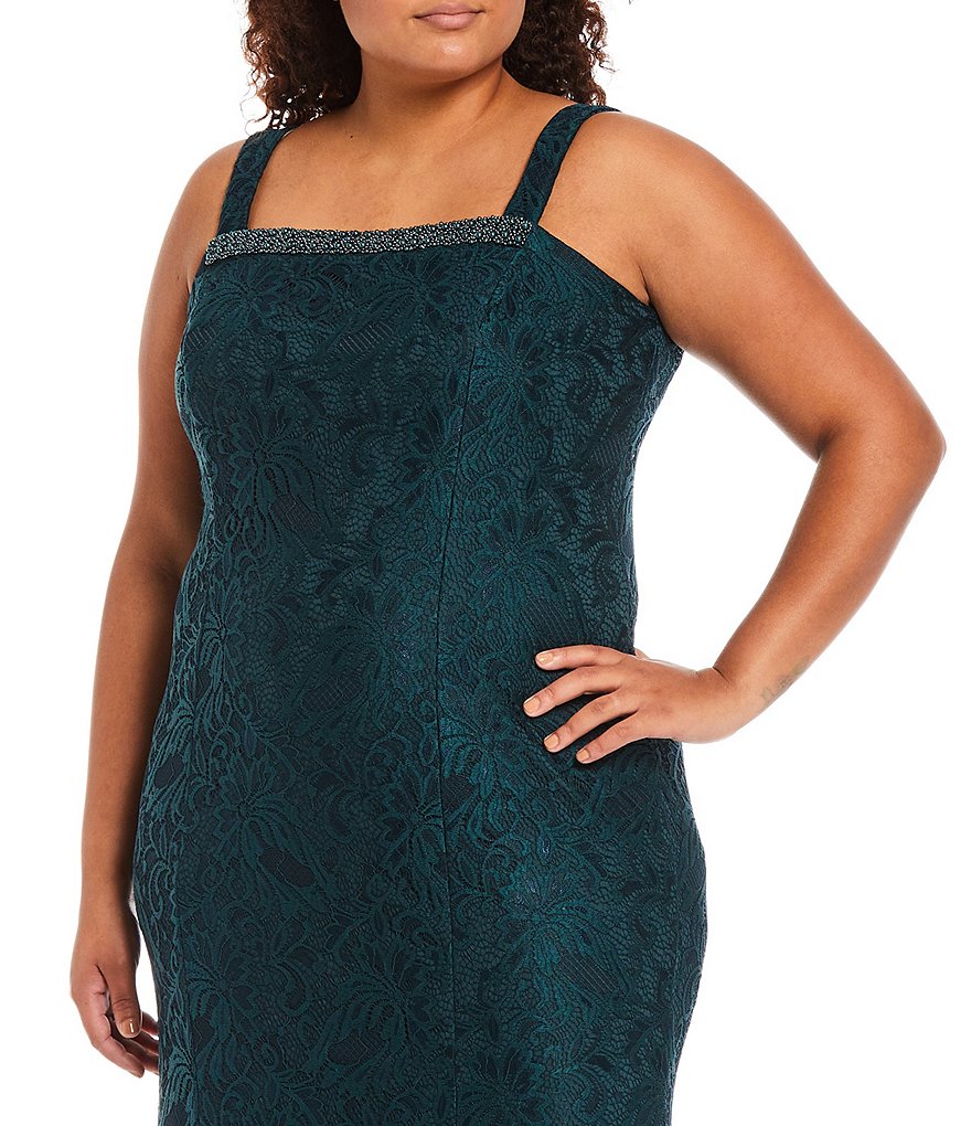 Le Bos Plus Size Embroidered Stretch Lace Square Neck 3/4 Sleeve 2-Piece Jacket Dress