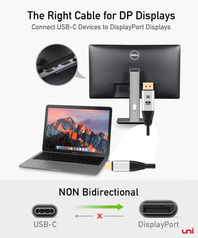 USB C to DisplayPort Cable 6ft(2m)for Home Office (4K@60Hz, 2K@165Hz), uni Sturdy Aluminum DisplayPort to USB C Cable [Thunderbolt 3 Compatible] for MacBook Pro, MacBook Air/iPad Pro 2020