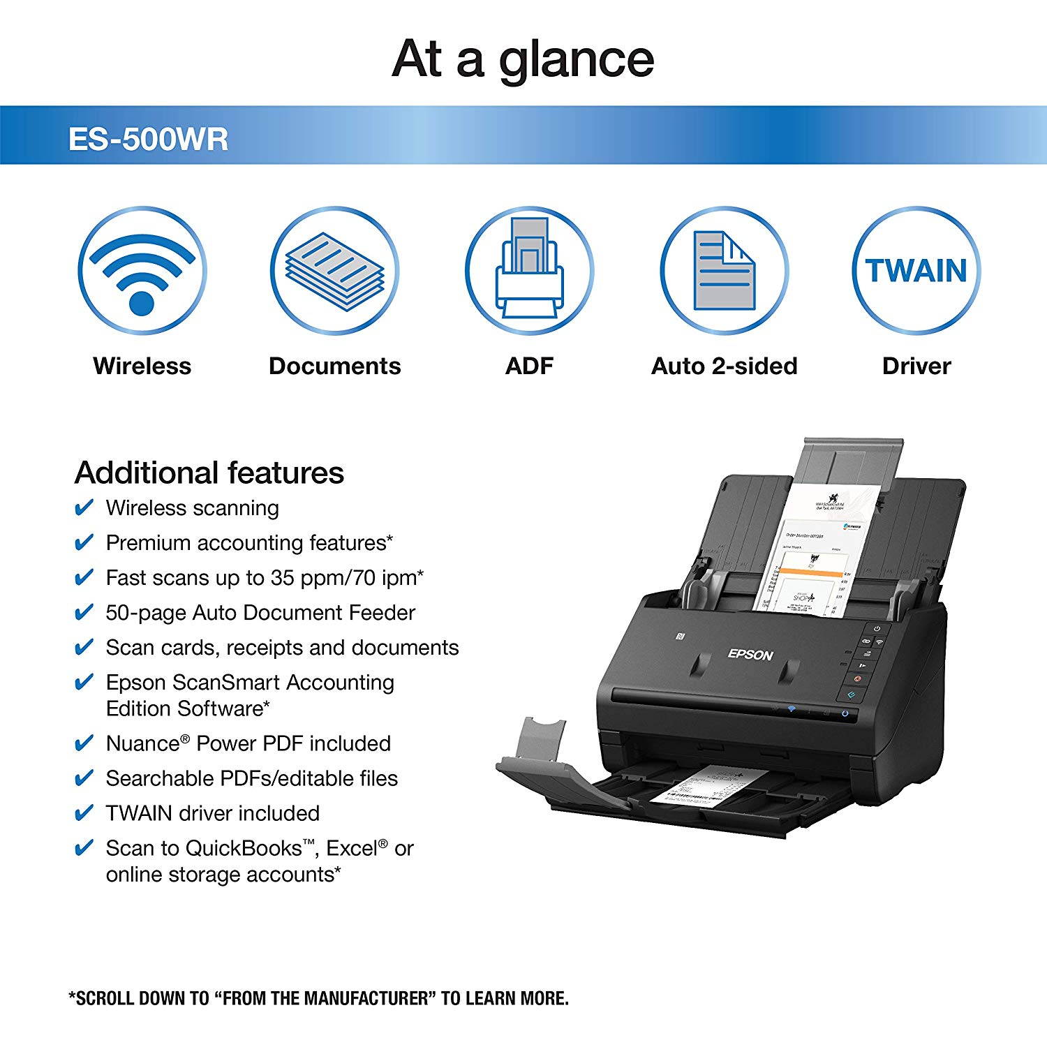 WorkForce Epson  ES-500WR Wireless Color Document Scanner for PC and Mac ? Accounting Edition
Auto Document Feeder Black