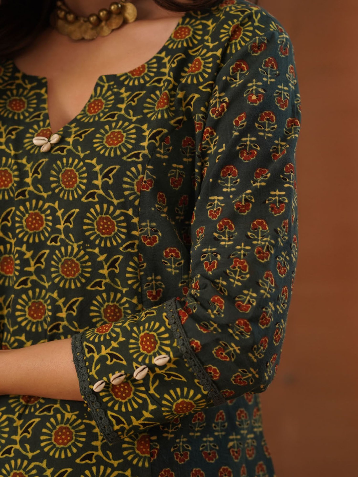 Love Chic Ajrakh A-Line Cotton Long Kurta with cowrie shells