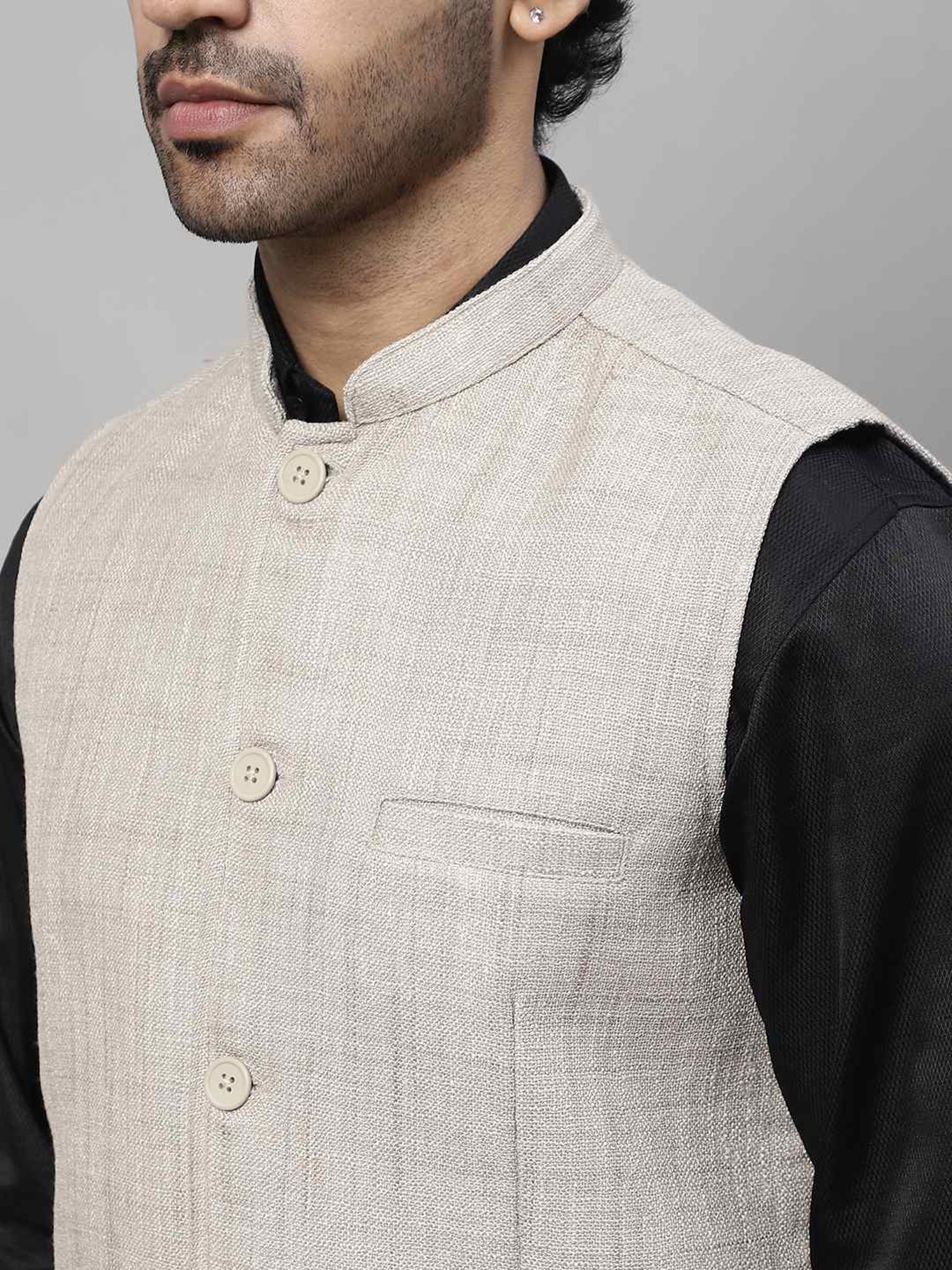 Even Beige Regular Fit Self Pattern Nehru Jacket