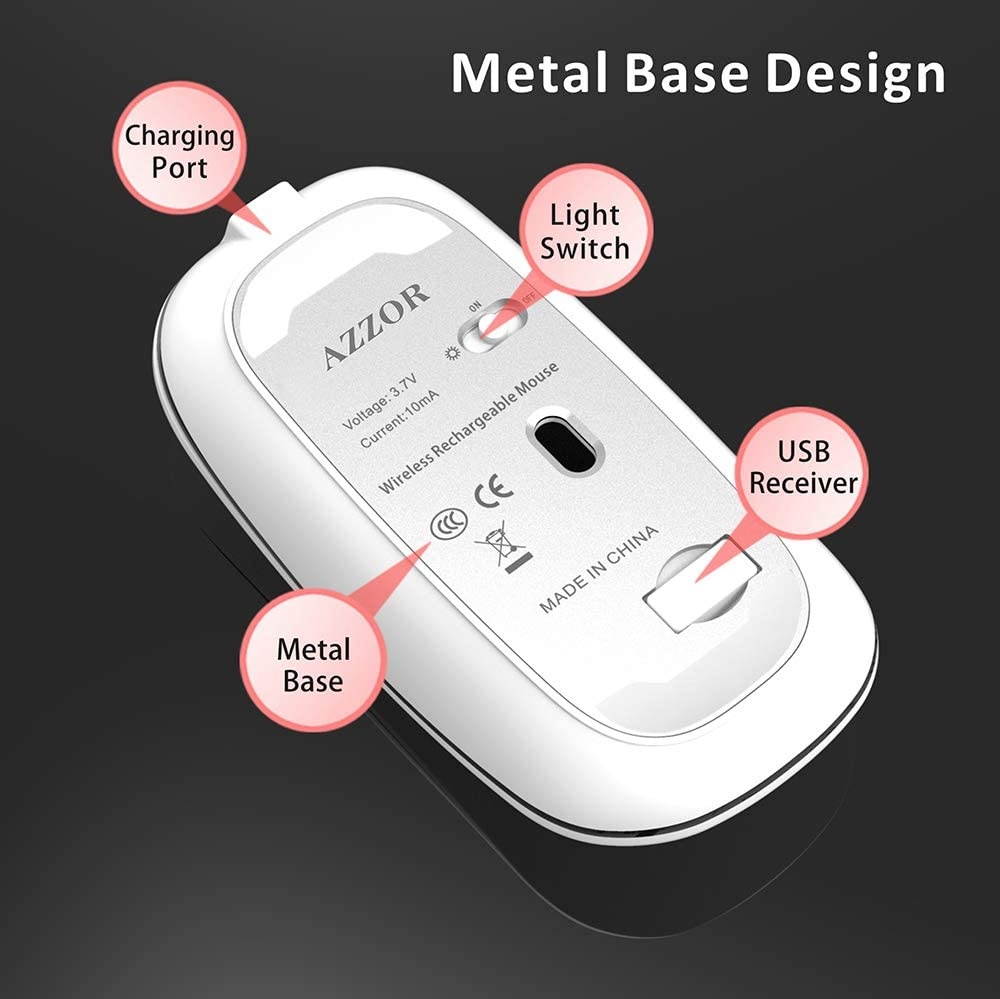 LED Wireless Mouse, Uiosmuph G12 Slim Rechargeable Wireless Silent Mouse, 2.4G Portable USB Optical Wireless Computer Mice with USB Receiver and Type C Adapter (White)