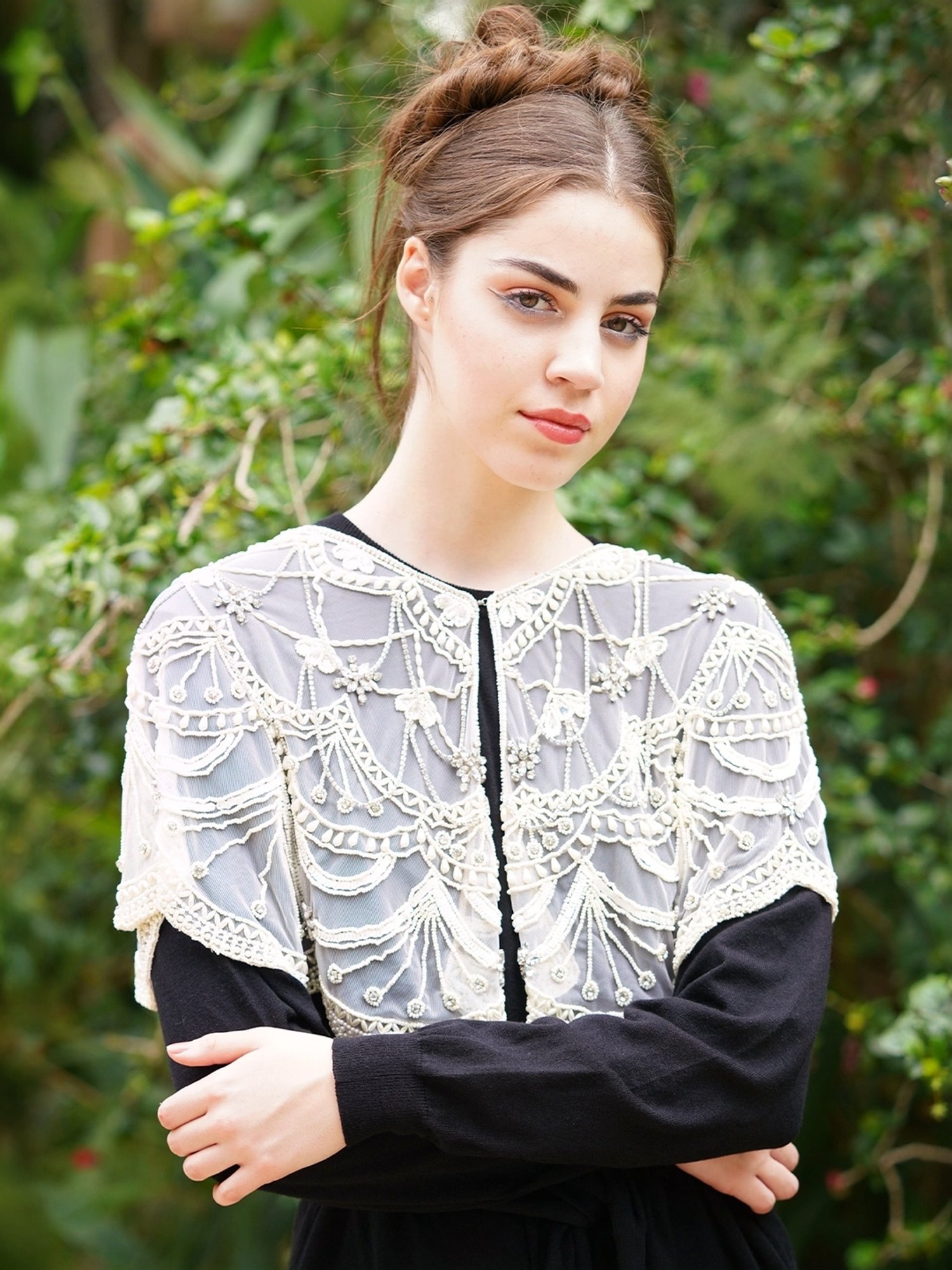 Odette Beige Embellished Fancy Short Cape