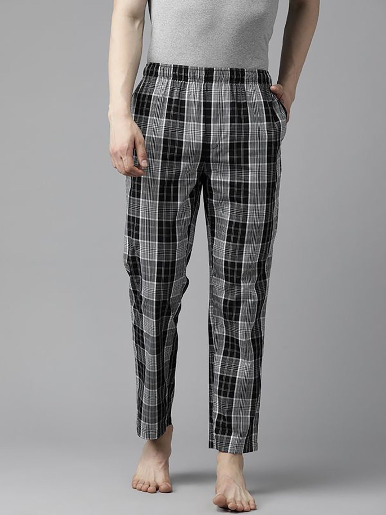 English Navy Grey Cotton Regular Fit Checks Lounge Pants