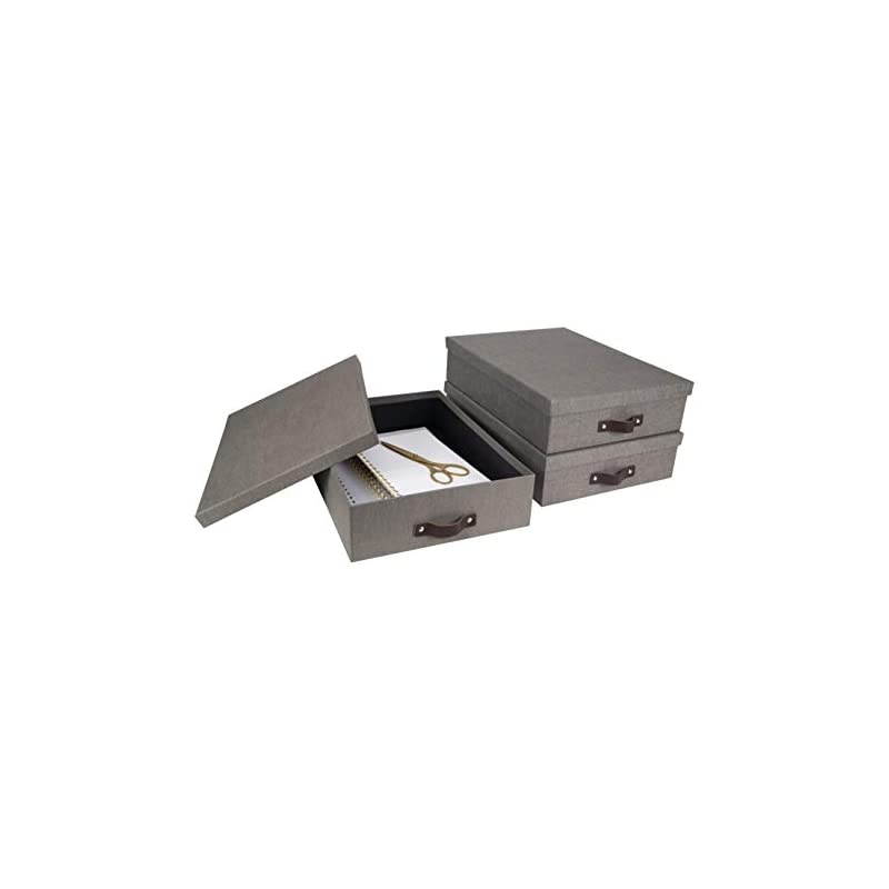 Oskar Letter Box, Canvas-Like Paper-Laminated Fiberboard with Leather Handle, Gray, 3 3 x 10 2 x 13 8 Inches