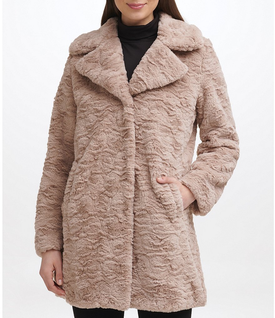 Kenneth Cole New York Grooved Faux Fur Notch Collar Coat