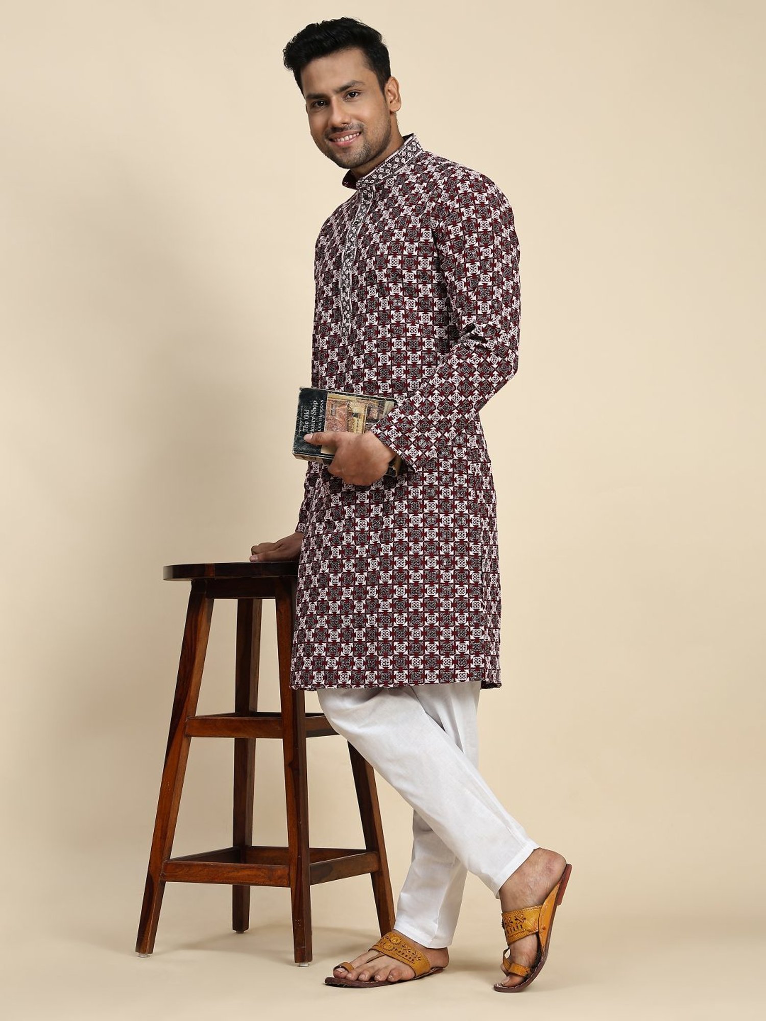 Pro-Ethic Style Developer Maroon & White Cotton Regular Fit Embellished Kurta Bottom Set