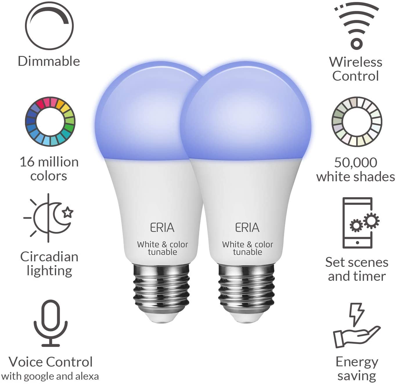 AduroSmart ERIA Colors + White Smart Light Bulb A19 (hub required) 16 Million Colors and Tunable White 2000-6500K Dimmable, works with Alexa/ Echo Plus/ Eria / Hue / Google Assistant