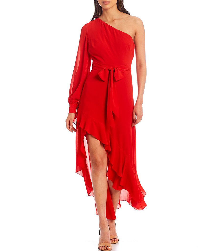 Belle Badgley Mischka Bailey One Shoulder Long Sleeve Ruffle Hem Dress