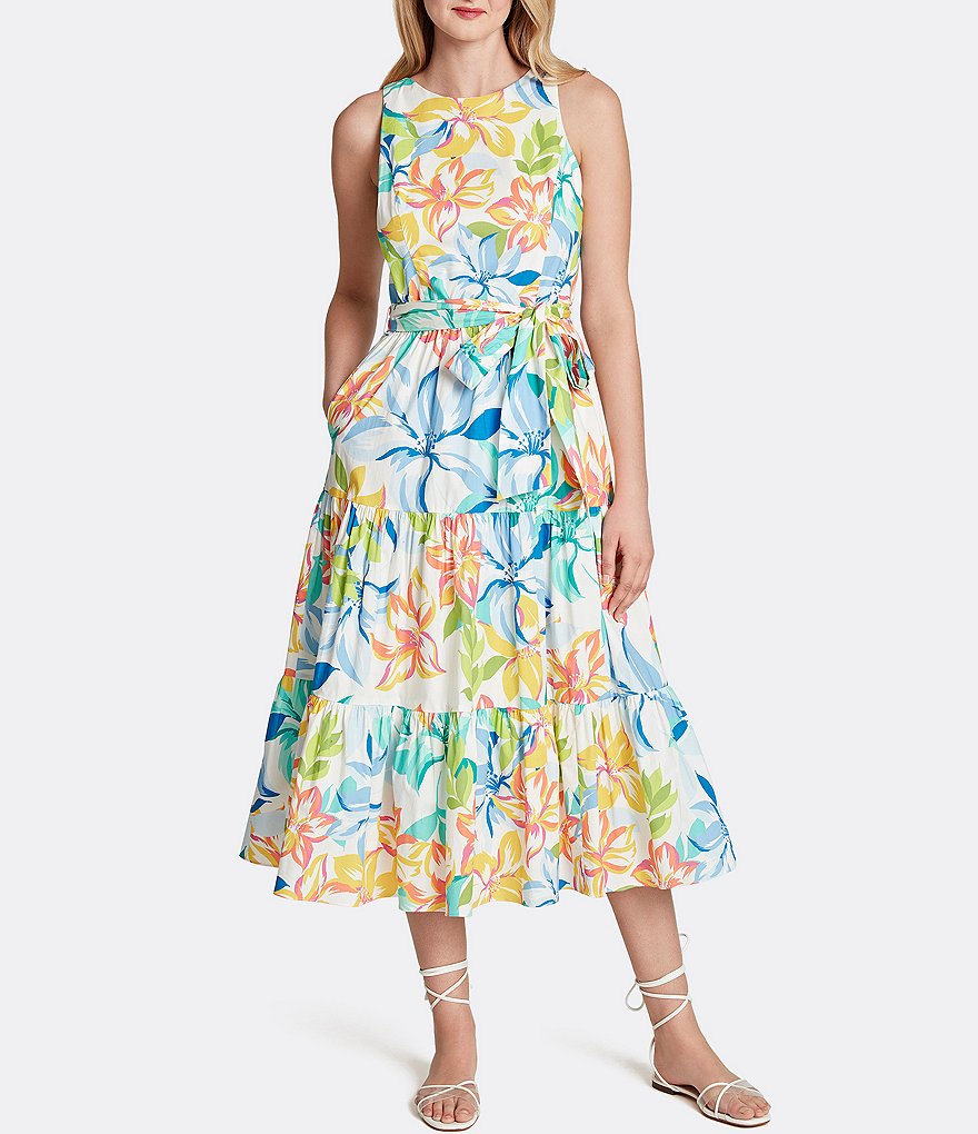 Tahari ASL Floral Cotton Ruffle Hem Self-Tie Pocket Tier Dress