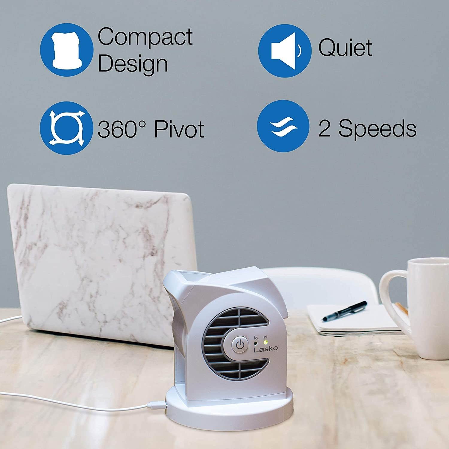 Lasko MyCool D300 Mini USB Desk Fan with 40in. USB Cable and Bonus AC Adapter &ndash; Small Quiet Portable Personal 2-Speed Fans for Staying Cool at Home, Work, Office, Dorm, Car, and Travel, White