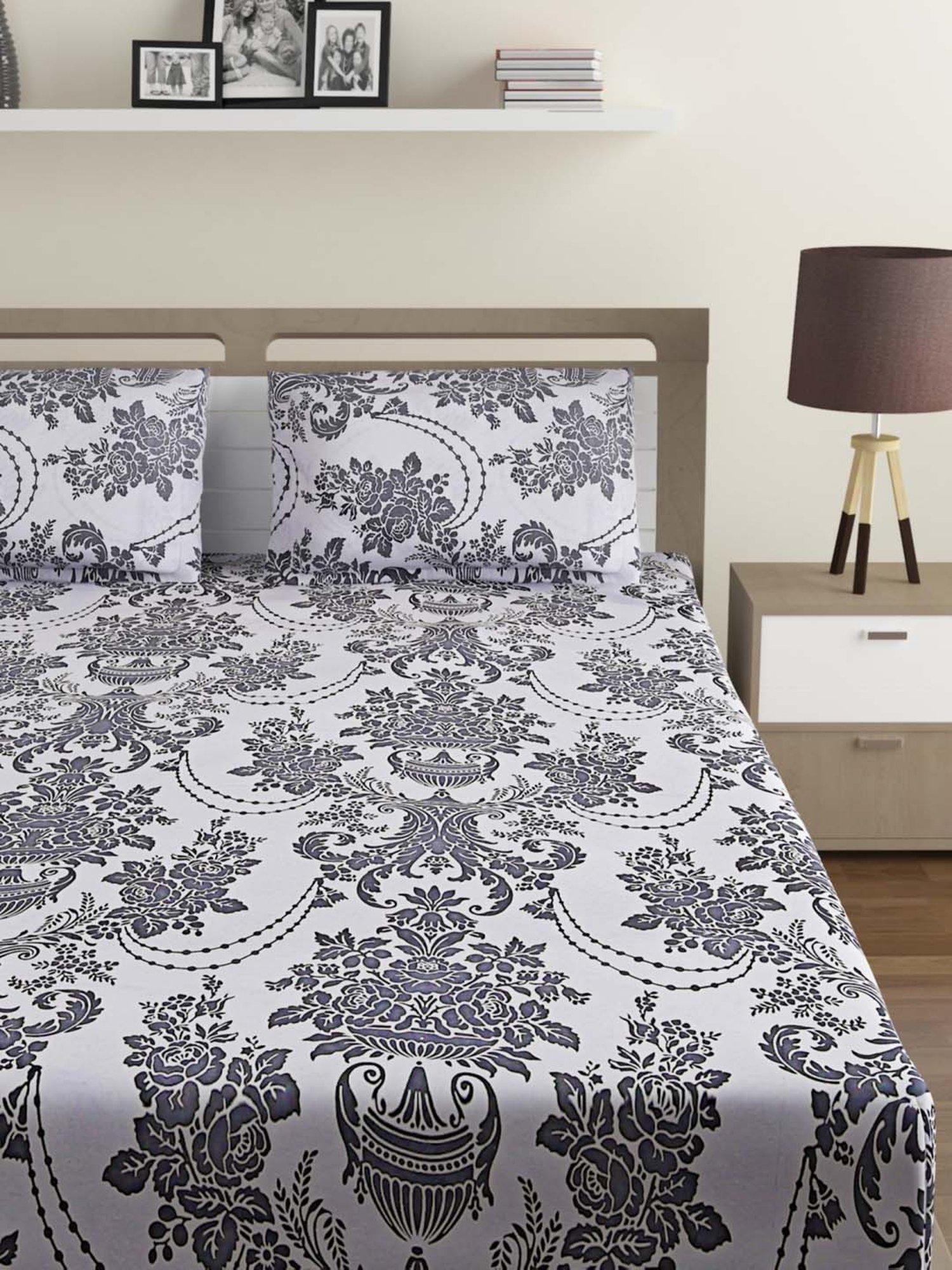 Swayam Sparkle Floral Grey & White 120 TC Cotton Blend Double Bedsheet with 2 Pillow Covers