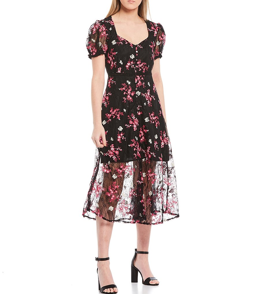 Shabby Chic Ruby Puffed Sleeve Embroidered Floral Lace Midi Dress
