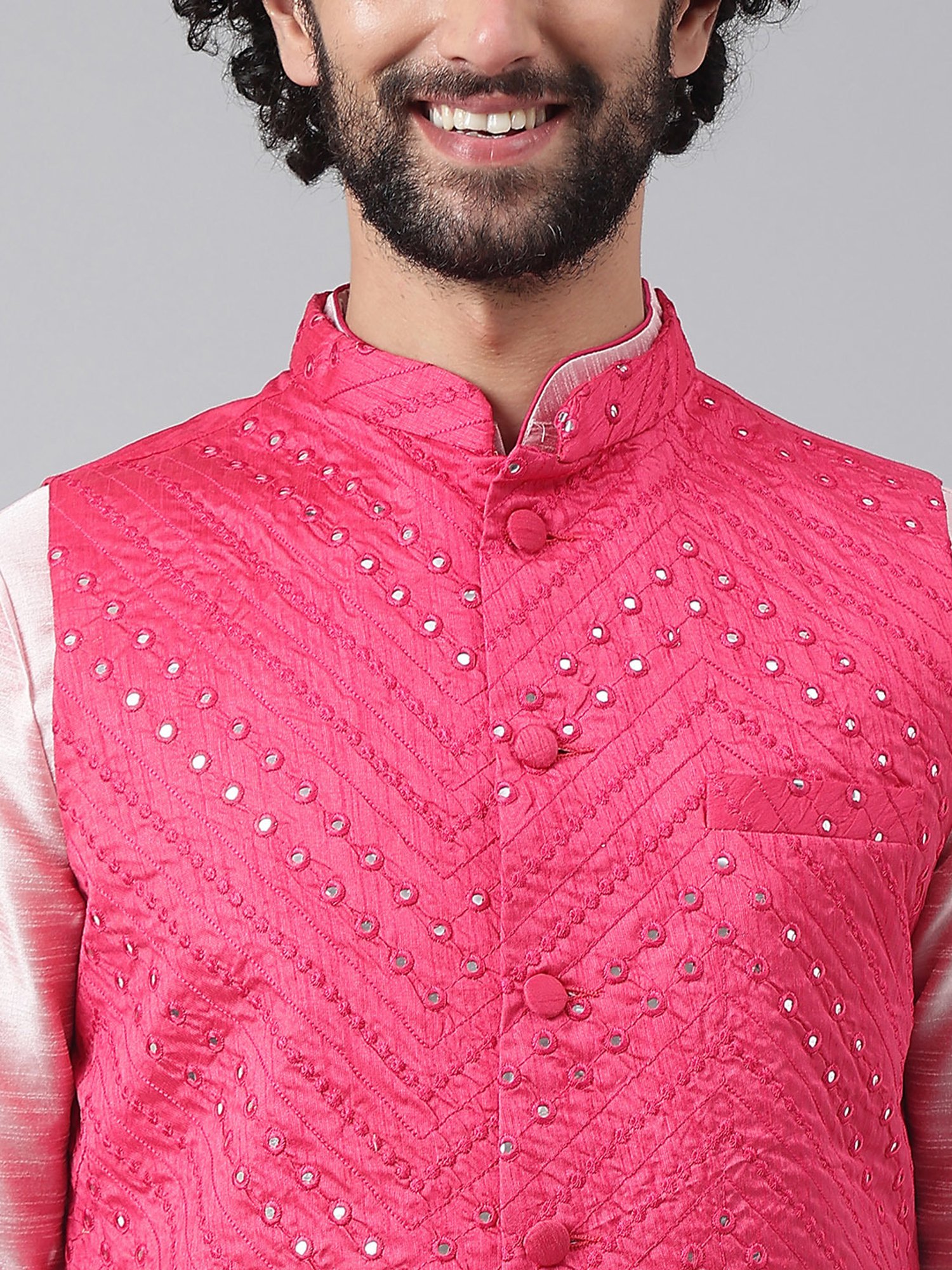 Hangup Plus Pink Regular Fit Embroidered Nehru Jacket