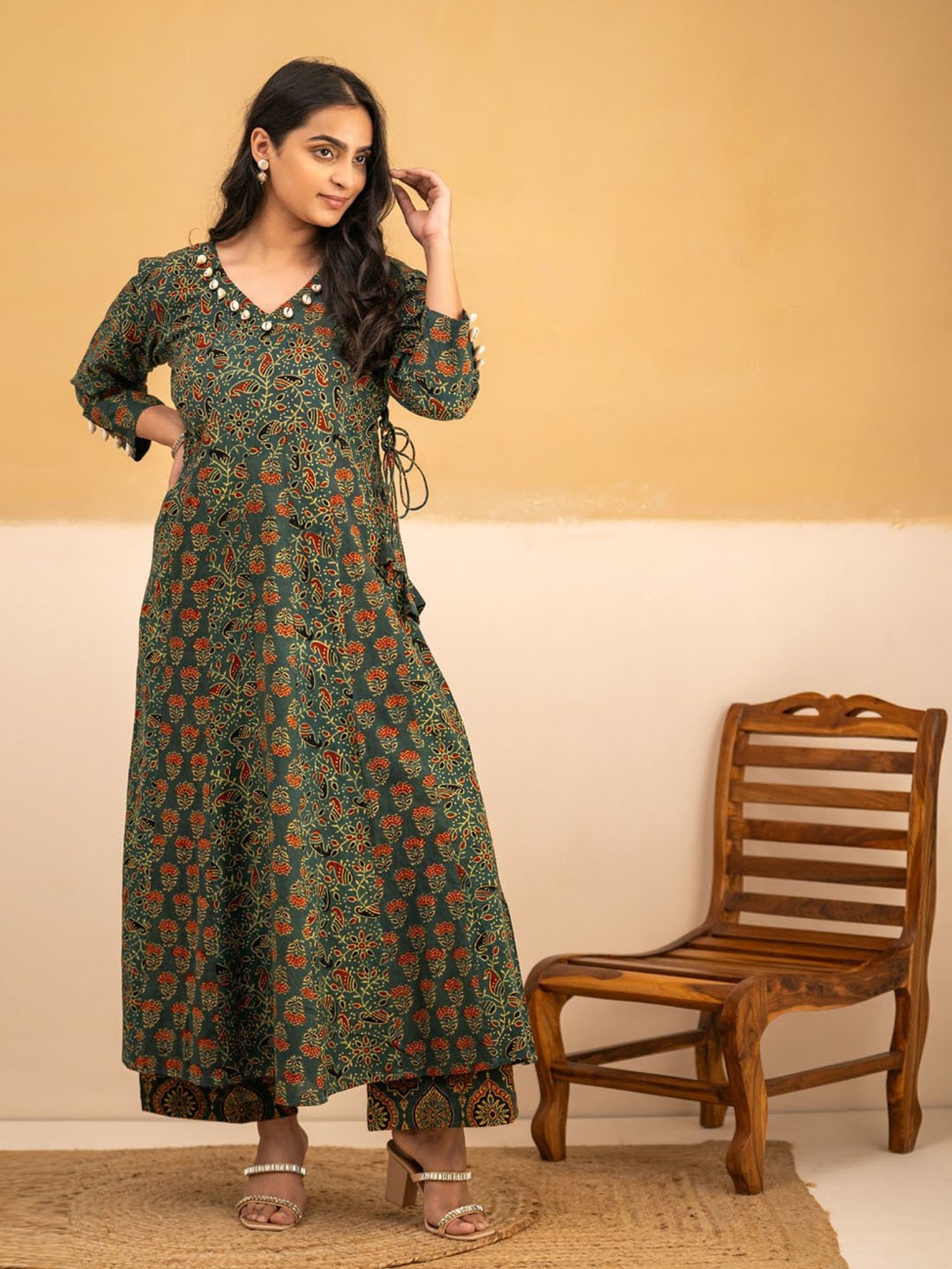 Love Chic Ajrakh Anarkali Kurta with cowrie shells