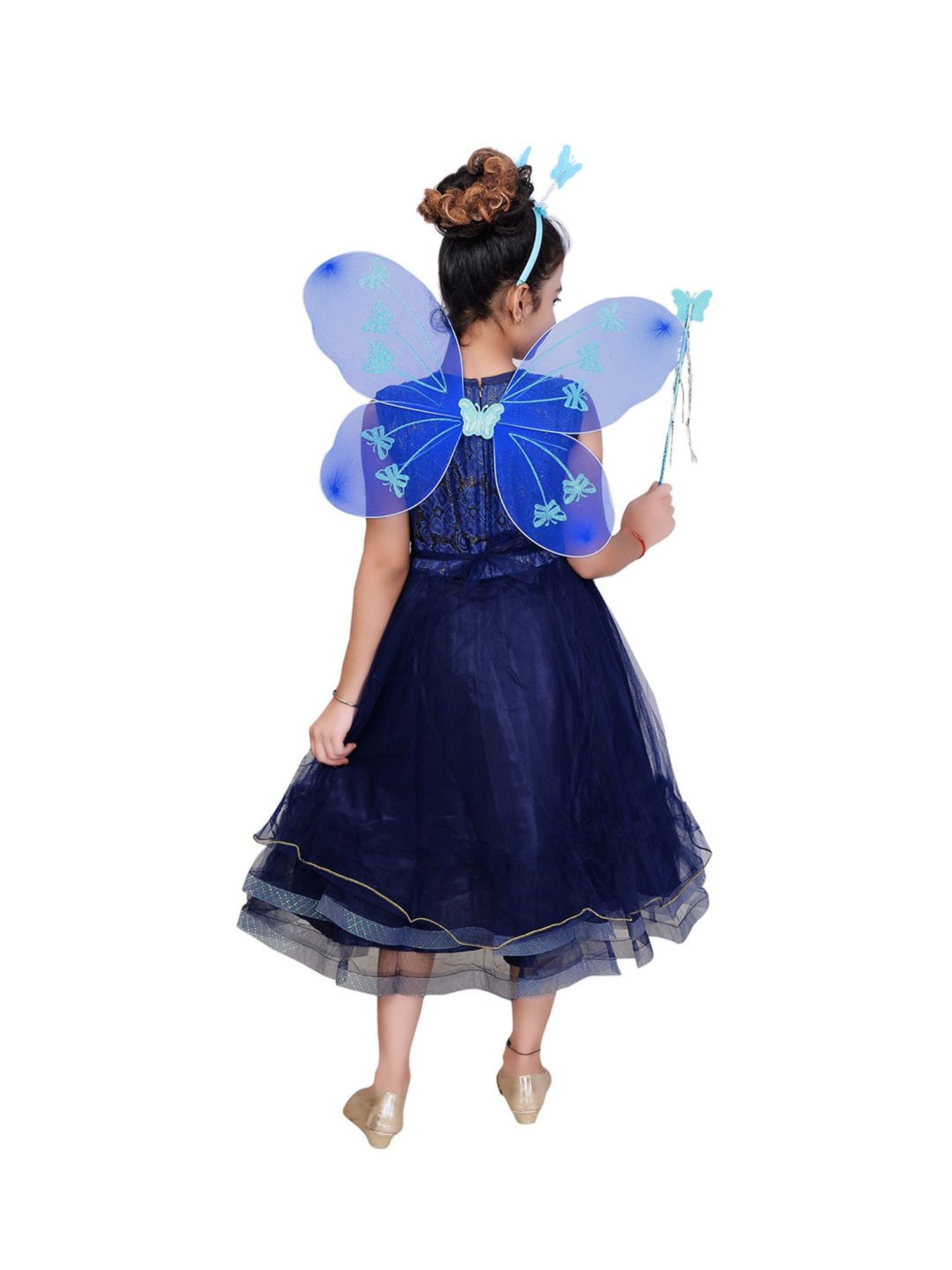 Ahhaaaa Kids Navy Embellished Dress, Wings, Hair Band with Fairy Stick