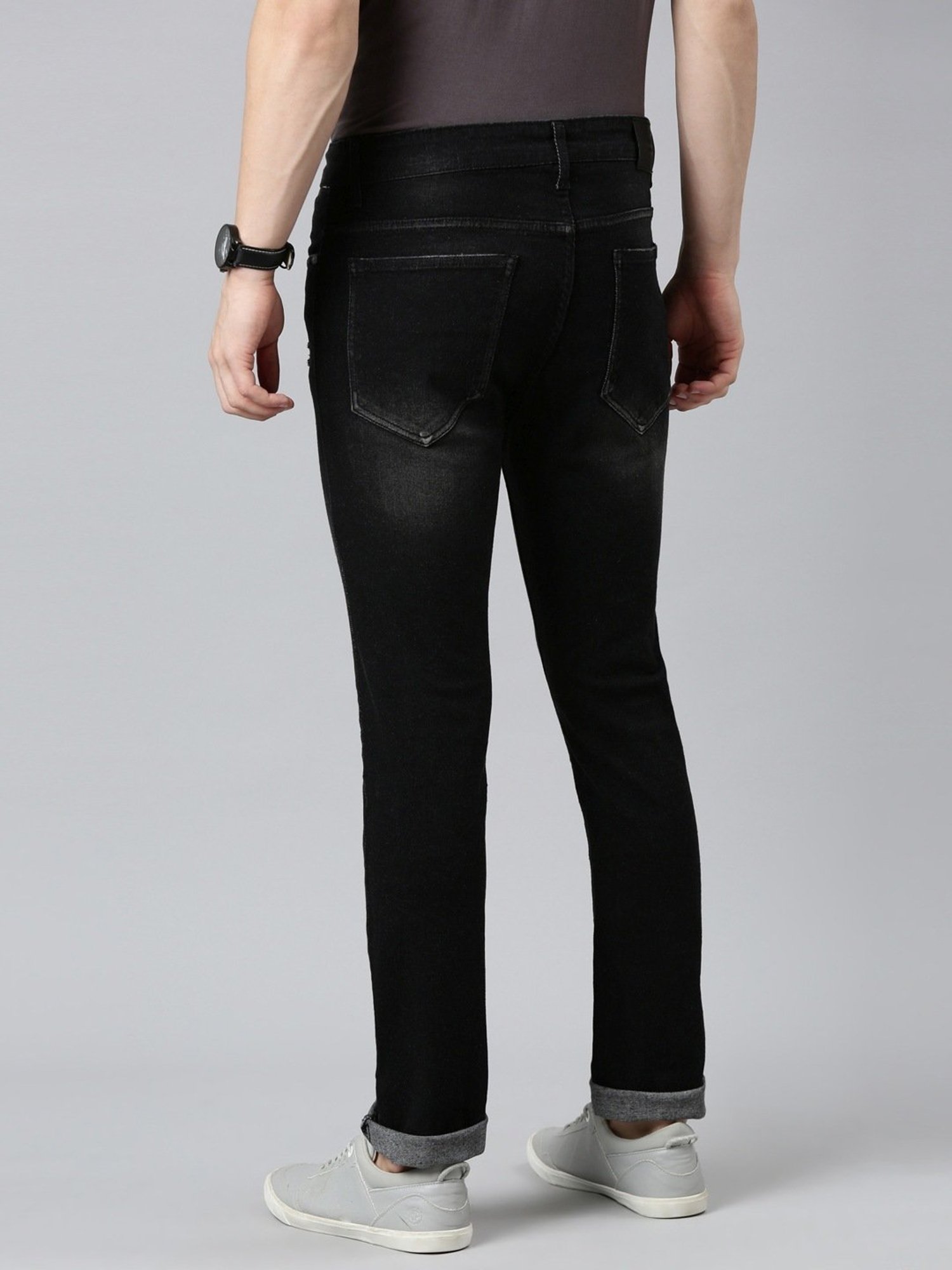 CINOCCI Cool Black Cotton Slim Fit Distressed Jeans