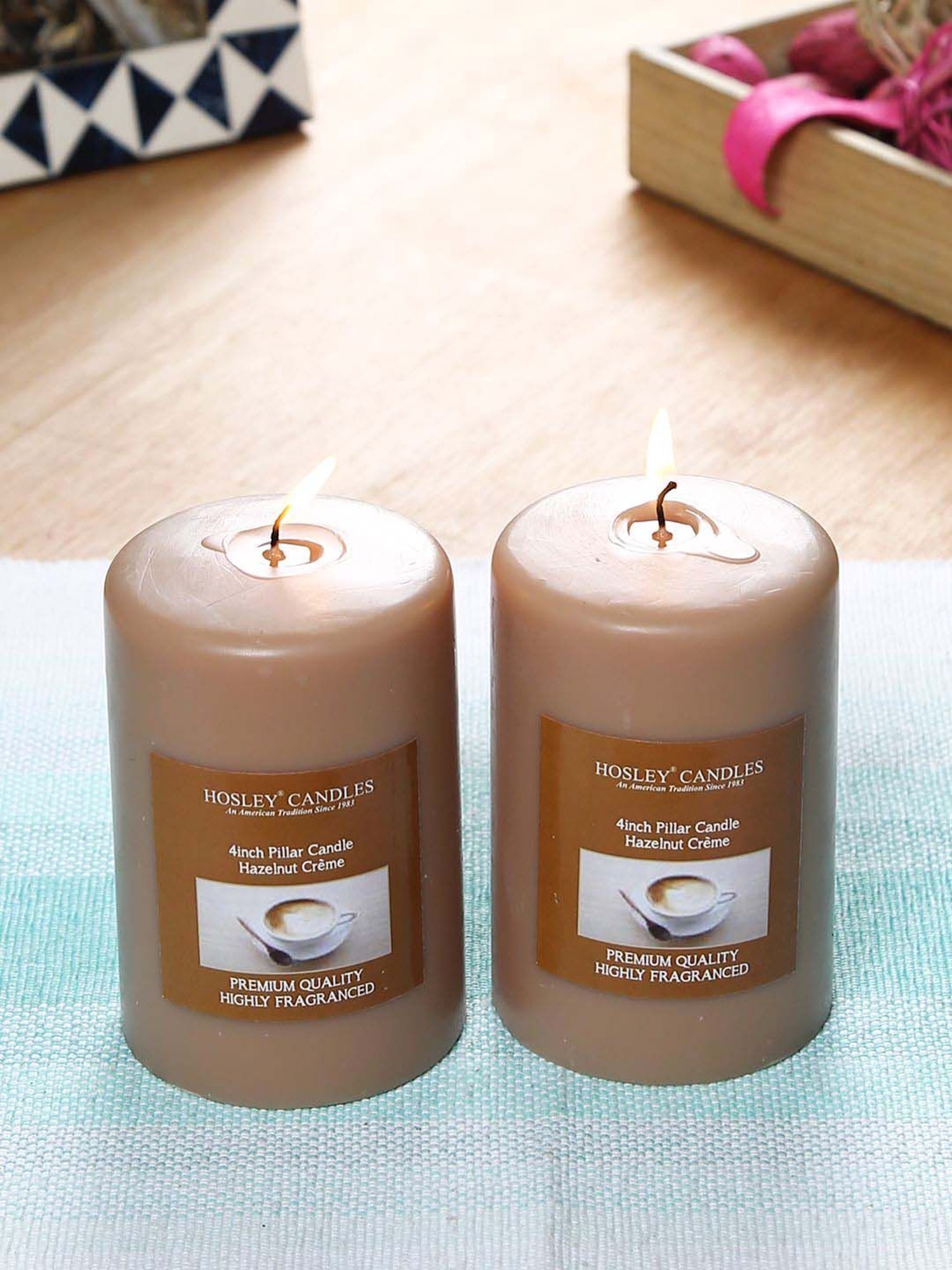 HOSLEY Brown Wax Pillar Candle - Set of 2