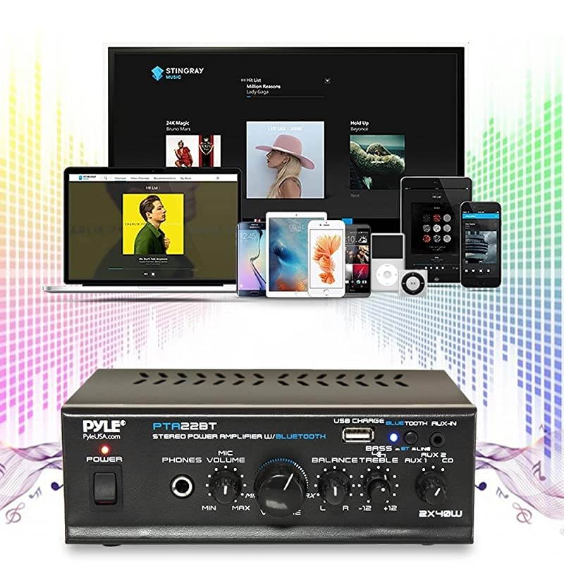 Bluetooth Mini Blue Series Home Audio Amplifier Compact Desktop Home Theater Stereo Amplifier Receiver with USB Charge Port | Pager Mixer Karaoke Modes | Mic Input 40 Watt x 2 |  PTA22BT 2X2X2