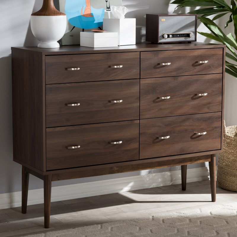 Disa Mid-Century Modern Walnut Finished 6 Drawer Dresser Brown - Baxton Studio