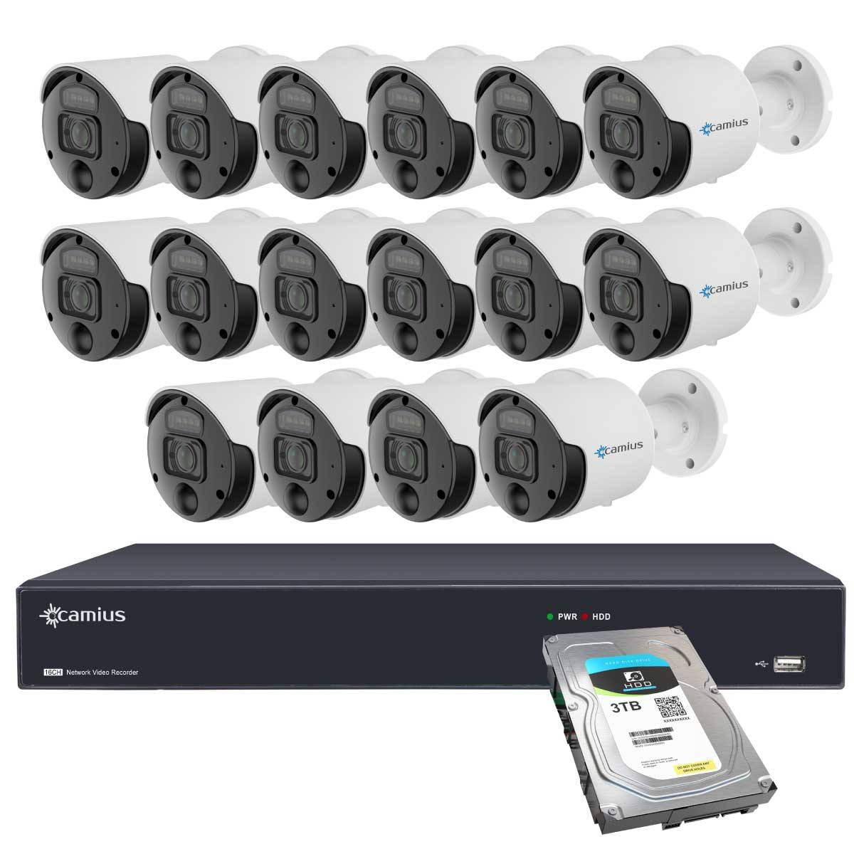 Camius 4K PoE 16CH NVR system with 3TB HDD, 16 pcs 8MP PoE Spotlight Security Cameras w/ built-in mic, 105 degrees view, PIR, Motion, Sound Detection, 2SATA, eSATA, 100ft night vision 16PN16S8R3T
