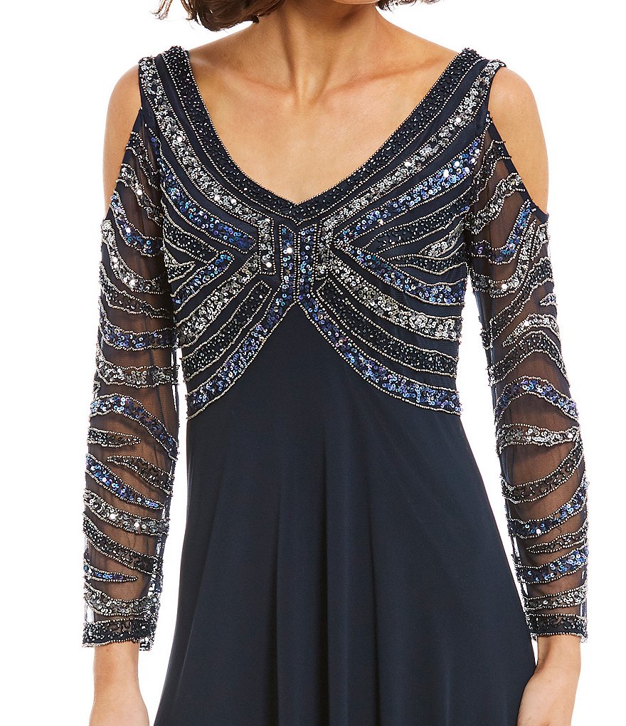 Jkara Petite Size V-Neck Cold Shoulder Long Sleeve Sequin Gown