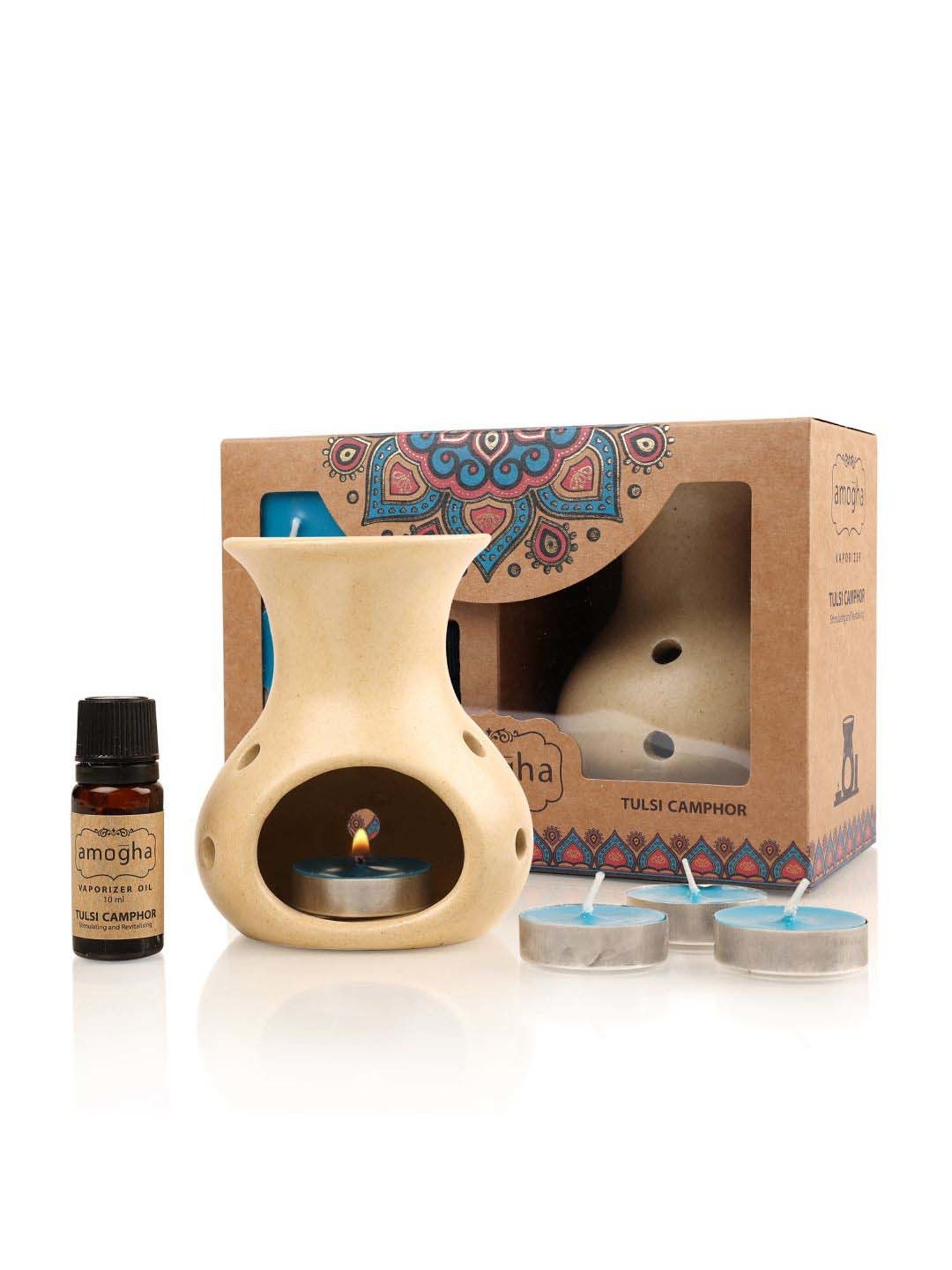 IRIS Ceramic Amogha Tulsi Camphor Fragrance Vaporizer With 4 Tealights And 10Ml Oil