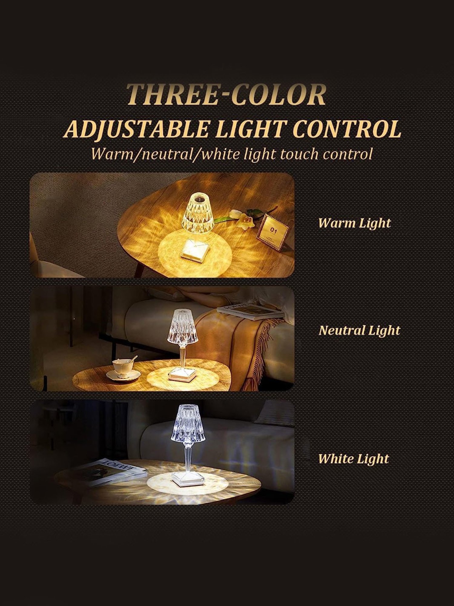 Xergy 3W Crystal Diamond Table Lamp with Touch Control and Usb Rechargeable (Warm white)