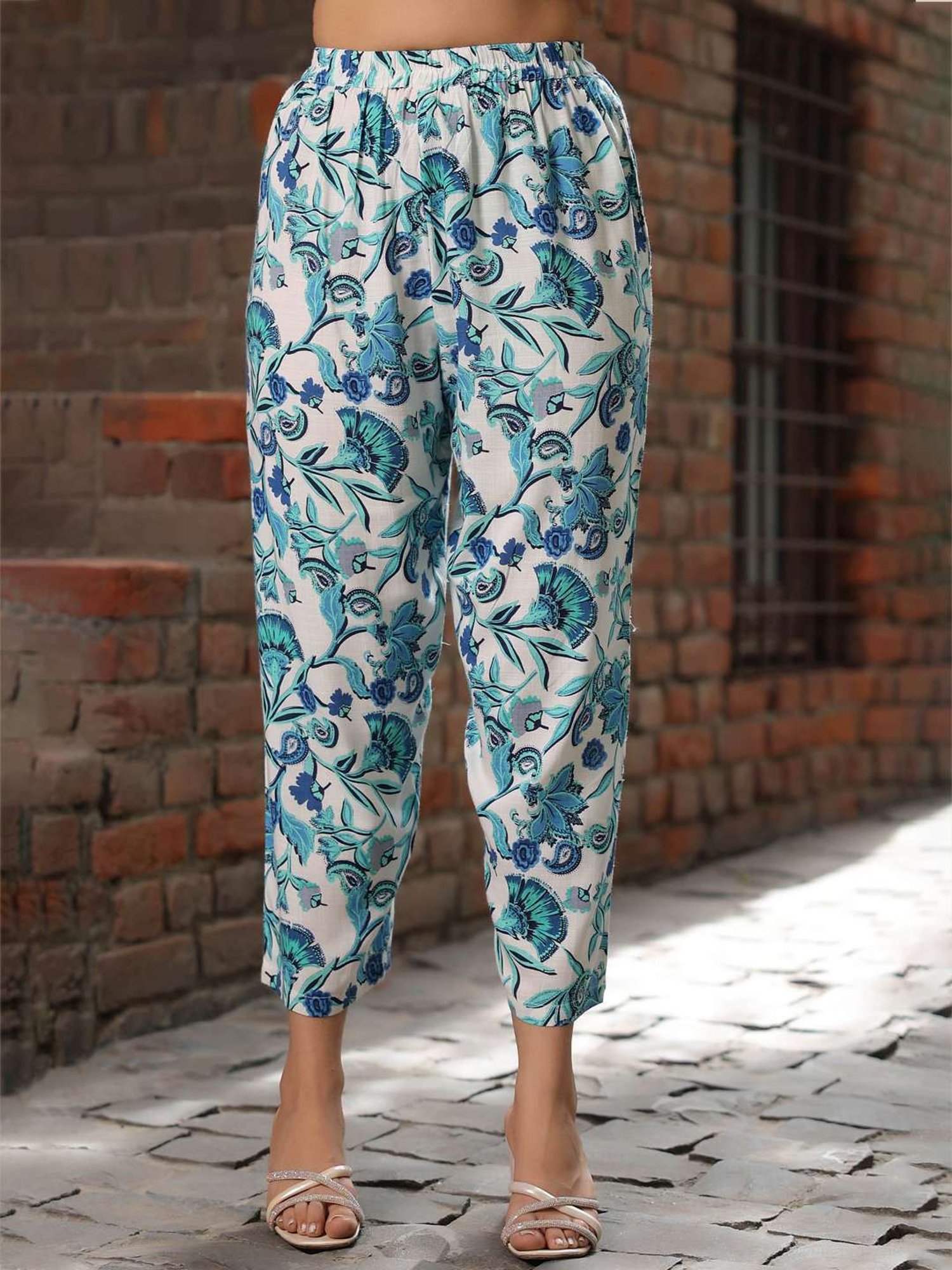 Rain and Rainbow White & Blue Floral Print Tunic & Pant Set