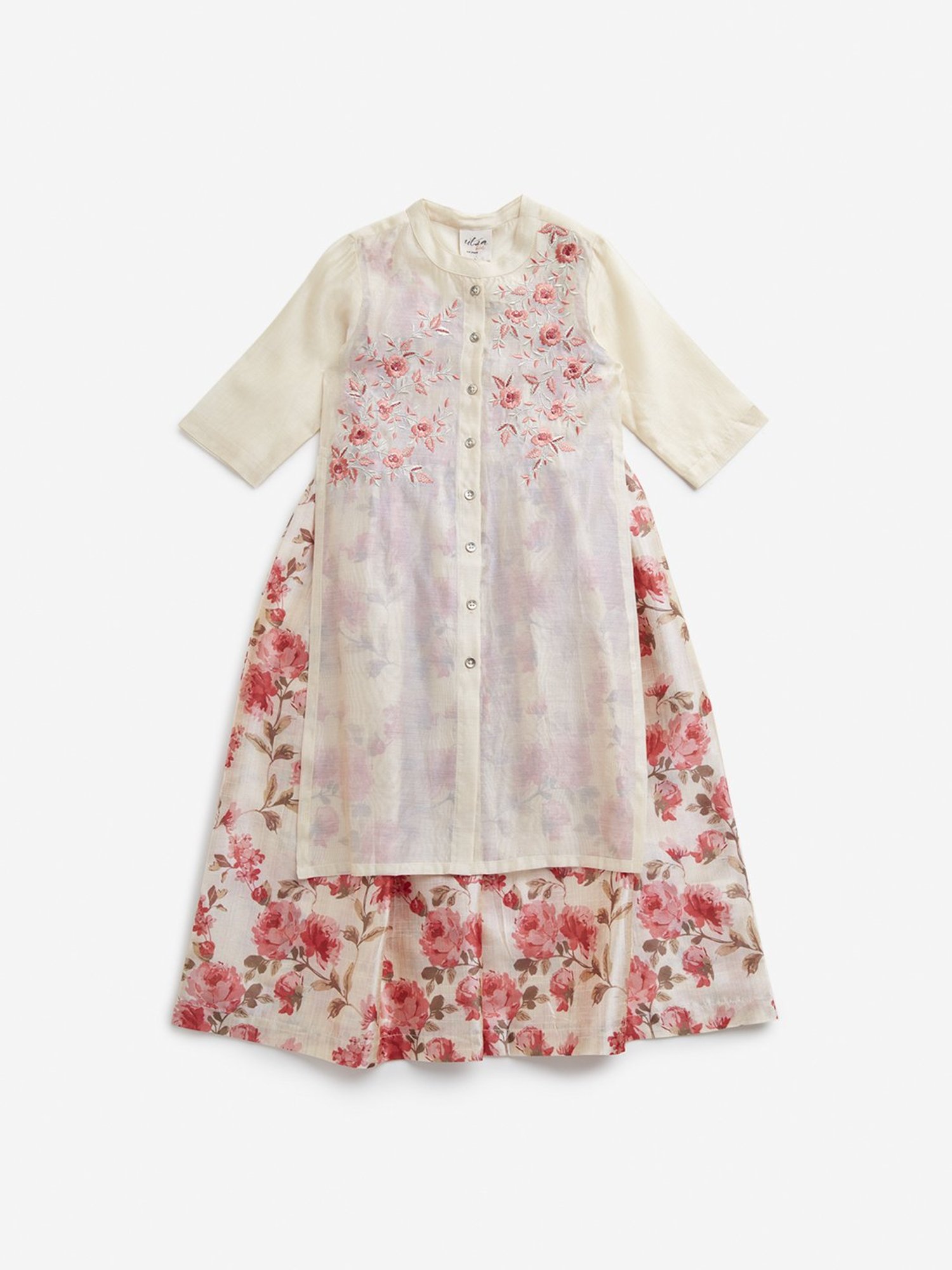 Utsa Kids by Westside Ivory Floral Embroidery Straight Kurta with Inner