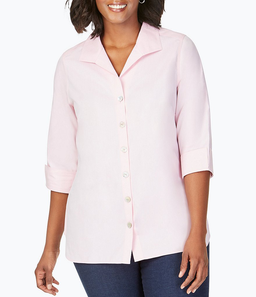 Foxcroft Plus Size Pandora 3/4 Sleeve Spread Point Collar Neck Button Front Shaped Tunic