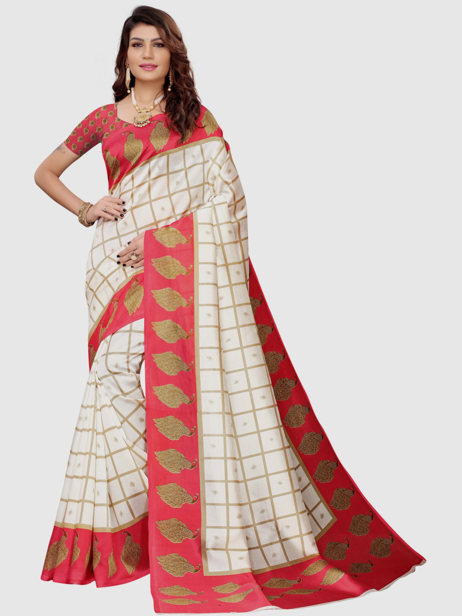 KSUT Off-White & Red Printed Saree With Blouse