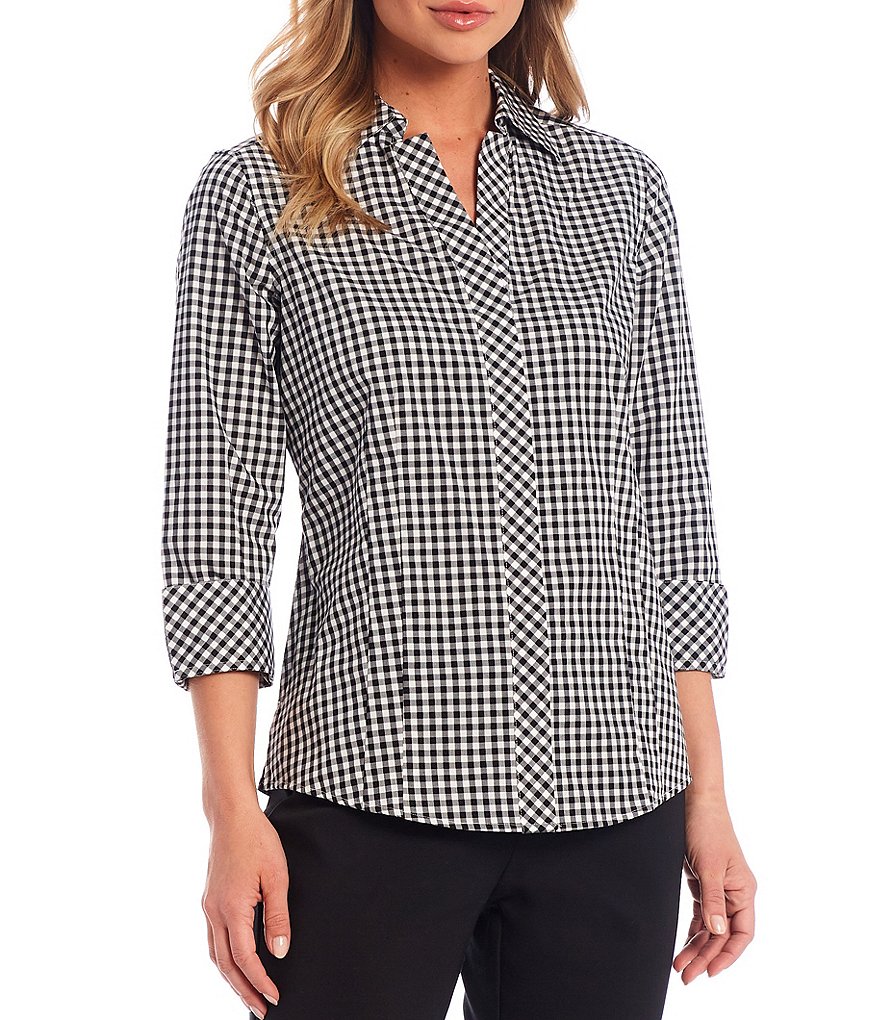 Investments Taylor Gold Label Non-Iron Y-Neck 3/4 Sleeve Button Front Gingham Shirt