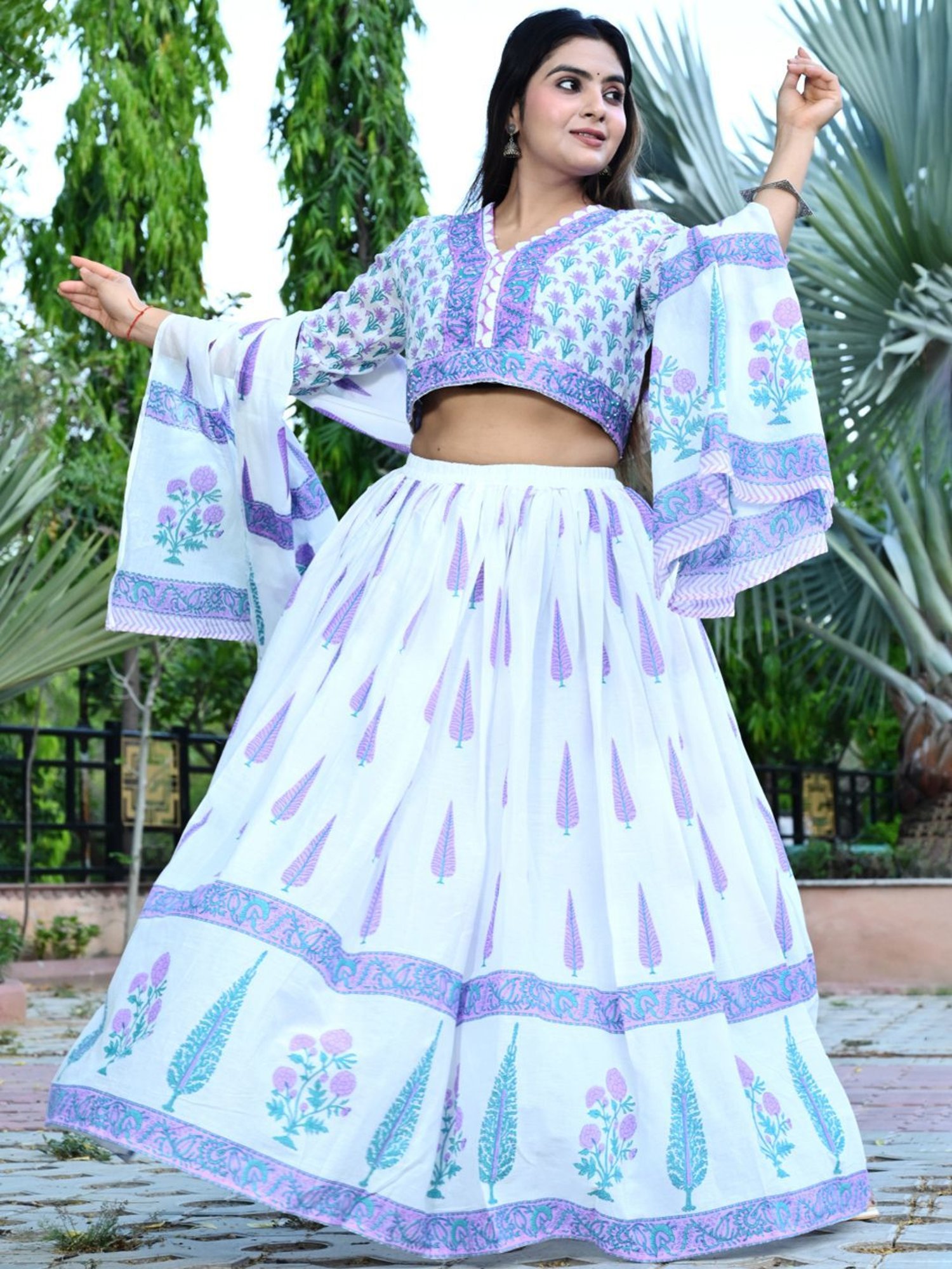 Zolo Label White & Purple Cotton Printed Lehenga Choli Set With Dupatta